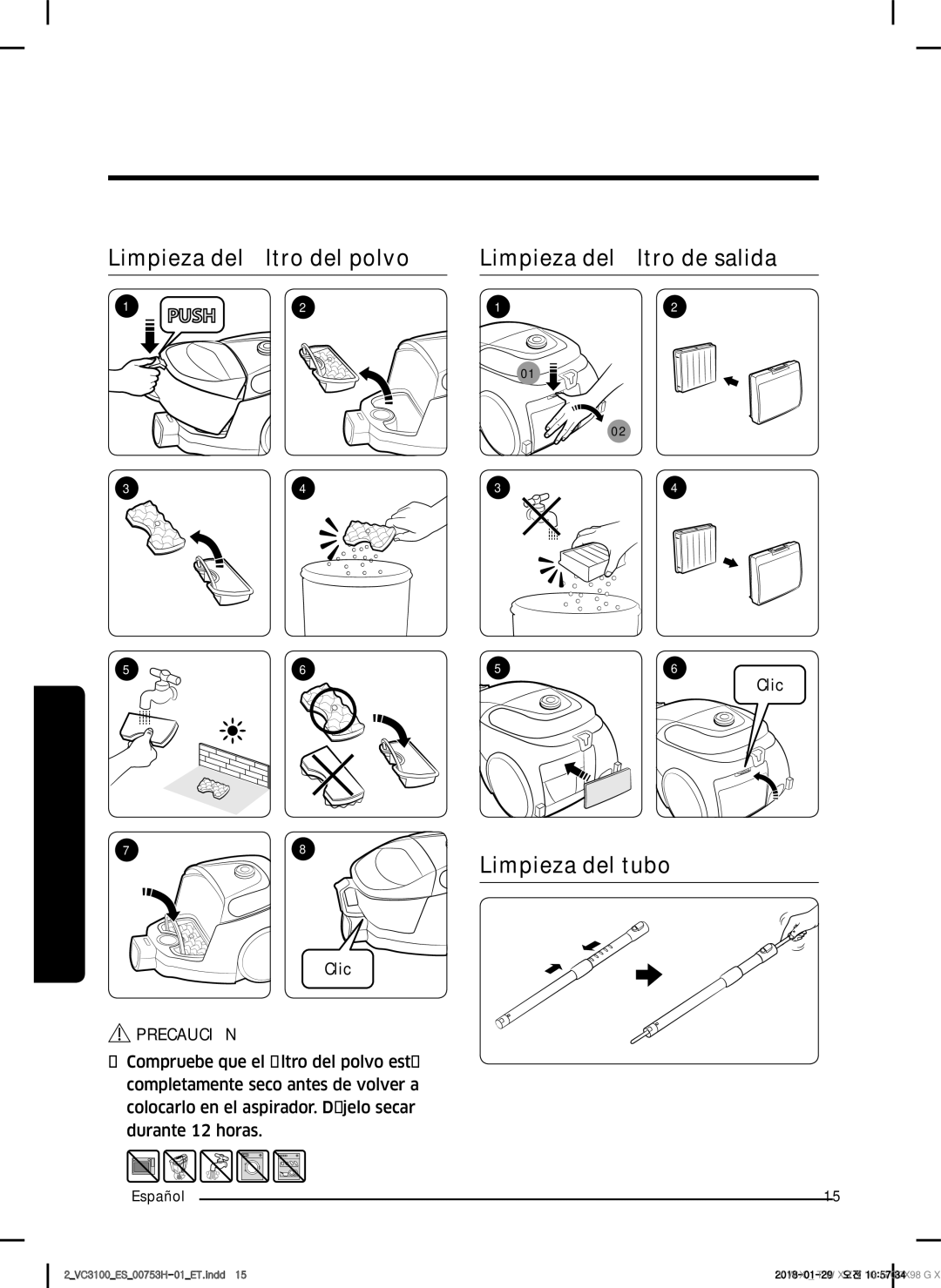 Samsung VC05M31C0HG/ET manual Limpieza del filtro del polvo, Limpieza del filtro de salida 