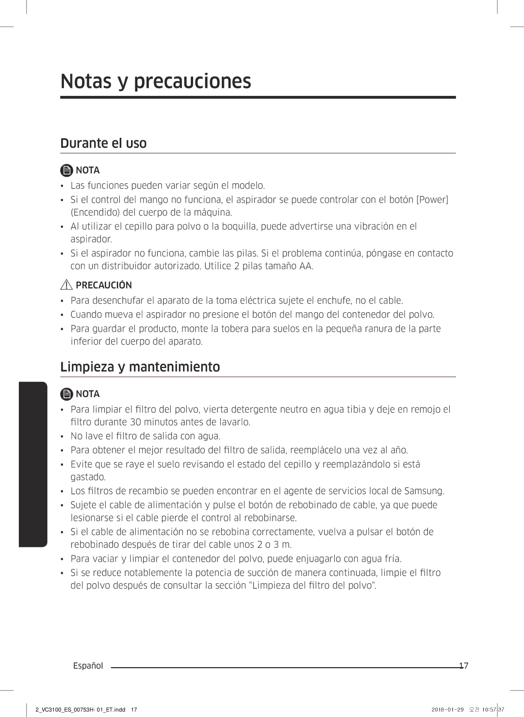 Samsung VC05M31C0HG/ET manual Notas y precauciones, Durante el uso, Limpieza y mantenimiento 