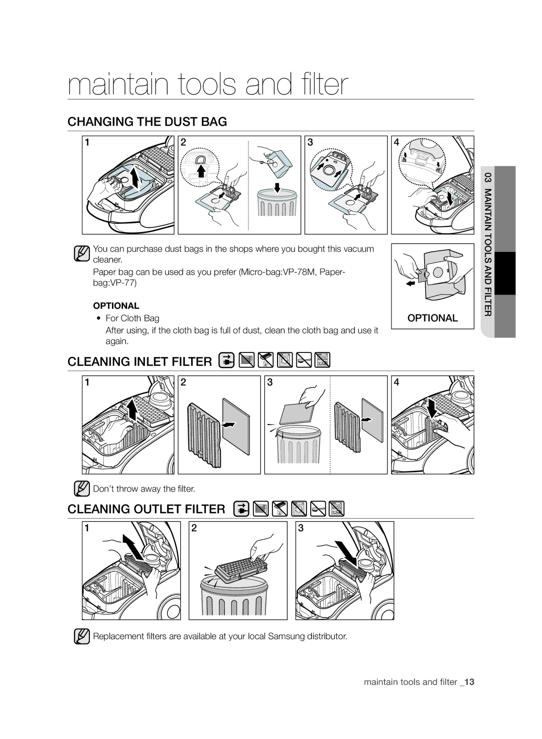 Samsung VC24AHNJGGT/EE, VC05RVNJGWQ/EE manual Changing the Dust BAG, Cleaning Inlet Filter, Cleaning Outlet Filter, Optional 