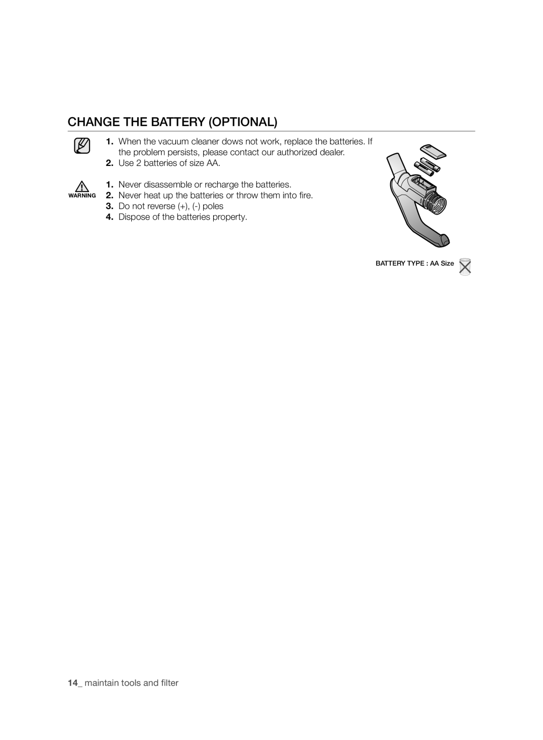 Samsung VC08QHNJGGT/EE, VC05RVNJGWQ/EE, VC24AHNJGGT/EE, VC08QHNJGBB/EE manual Change the Battery Optional 