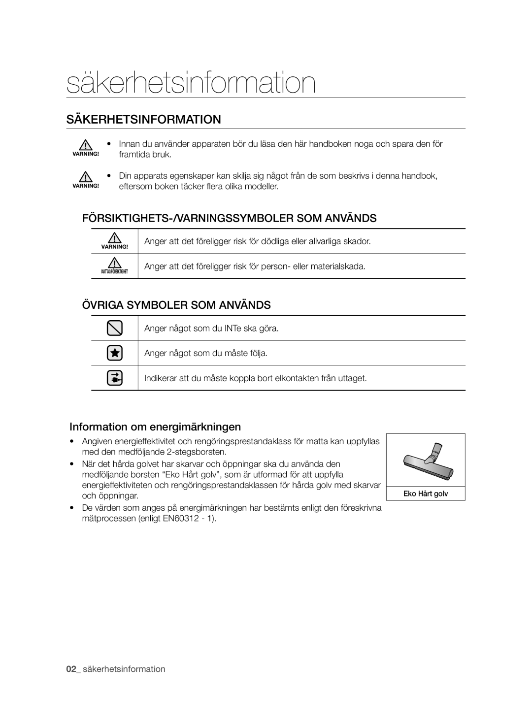 Samsung VC05RVNJGWQ/EE Säkerhetsinformation, FÖRSIKTIGHETS-/VARNINGSSYMBOLER SOM Används, Övriga Symboler SOM Används 