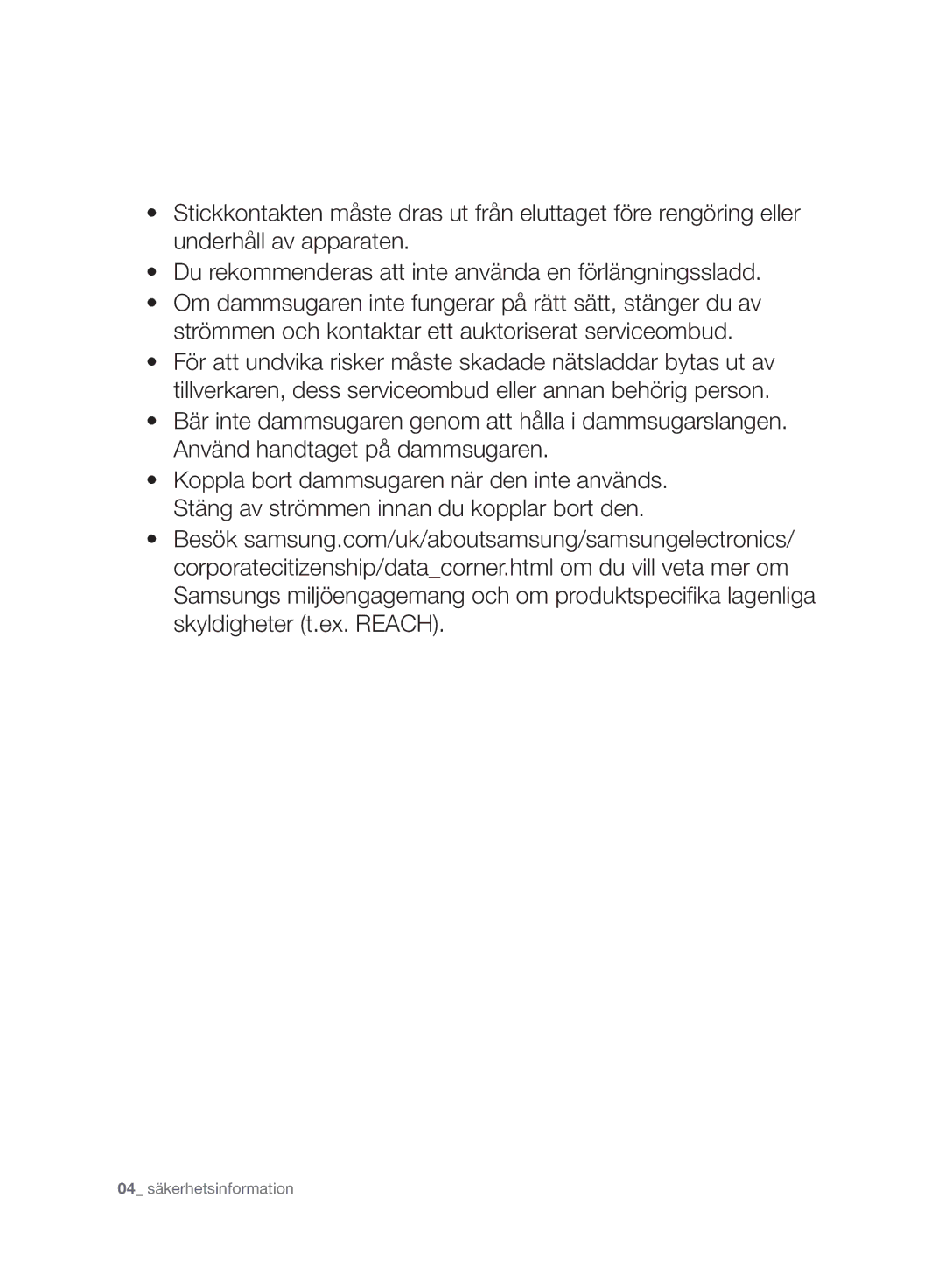 Samsung VC08QHNJGGT/EE, VC05RVNJGWQ/EE, VC24AHNJGGT/EE, VC08QHNJGBB/EE manual 04 säkerhetsinformation 