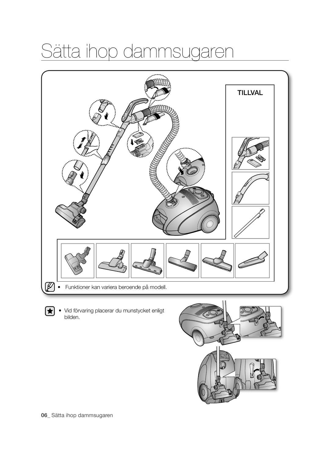 Samsung VC05RVNJGWQ/EE, VC24AHNJGGT/EE, VC08QHNJGGT/EE, VC08QHNJGBB/EE manual Sätta ihop dammsugaren, Tillval 