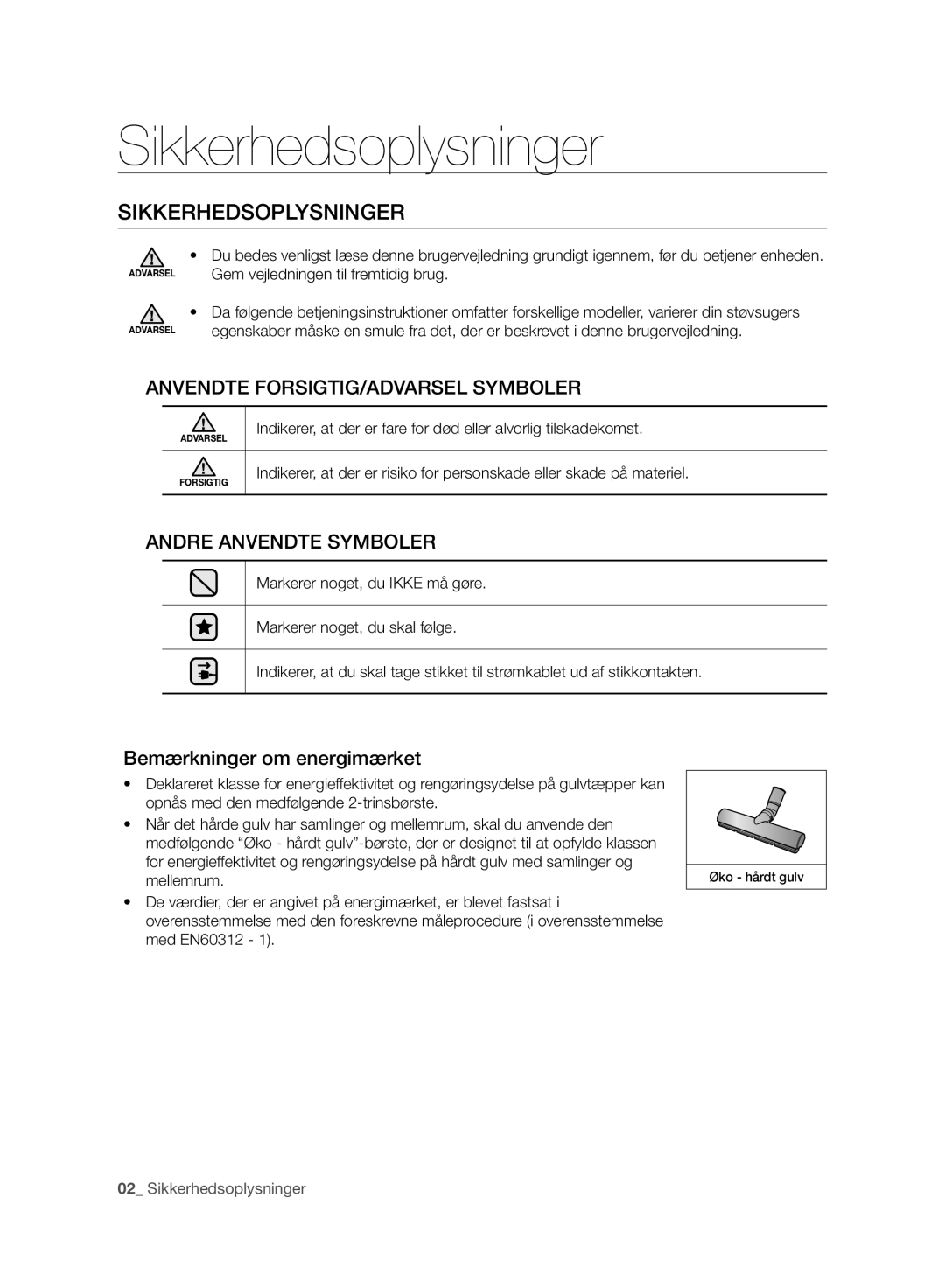 Samsung VC08QHNJGGT/EE manual Sikkerhedsoplysninger, Anvendte FORSIGTIG/ADVARSEL Symboler, Andre Anvendte Symboler 