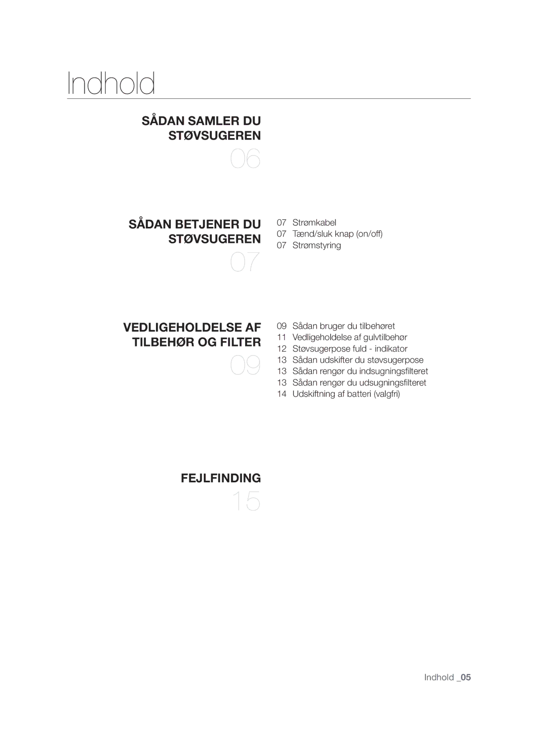 Samsung VC24AHNJGGT/EE, VC05RVNJGWQ/EE, VC08QHNJGGT/EE, VC08QHNJGBB/EE manual Indhold, Fejlfinding 