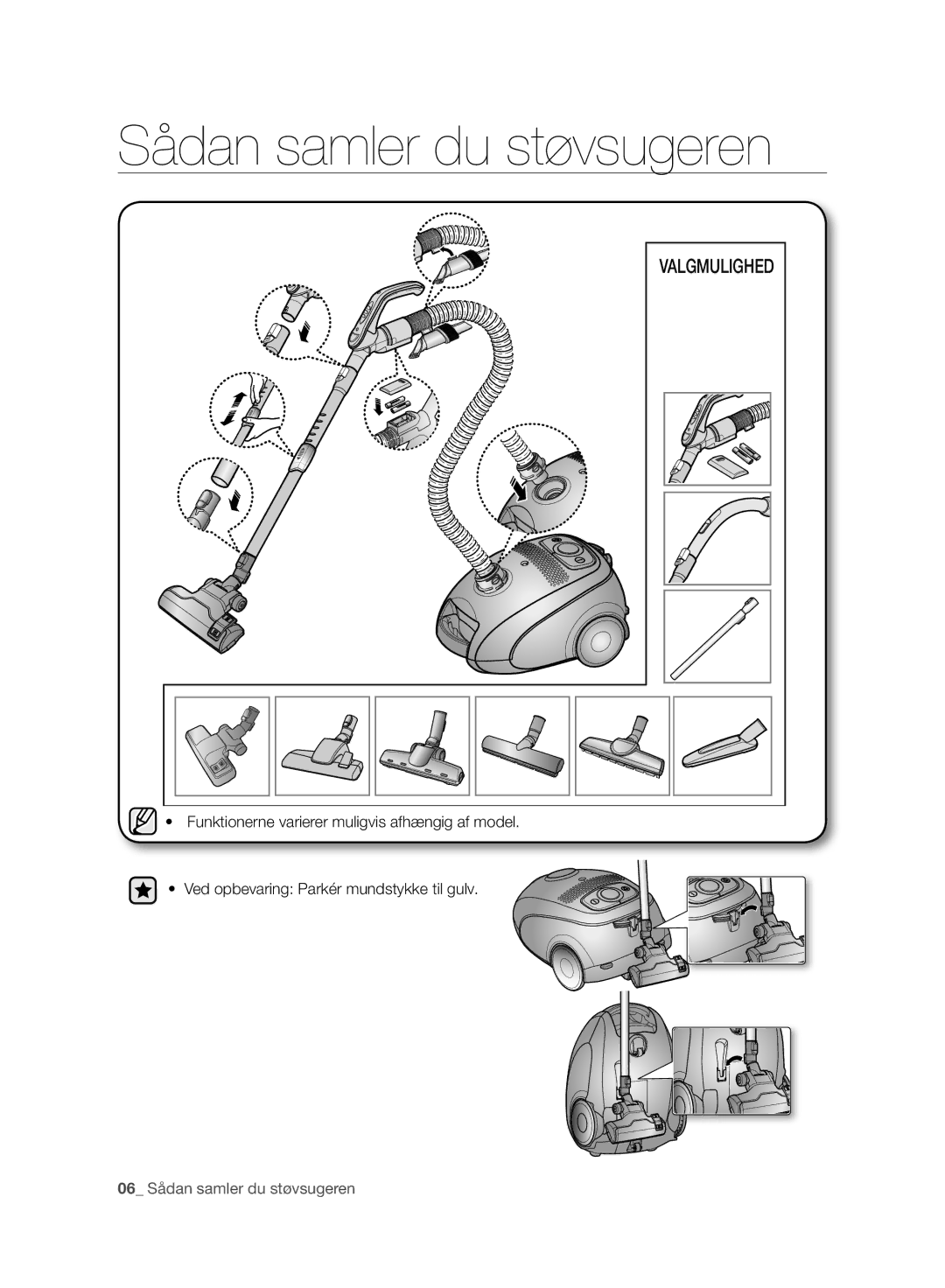 Samsung VC08QHNJGGT/EE, VC05RVNJGWQ/EE, VC24AHNJGGT/EE, VC08QHNJGBB/EE manual Sådan samler du støvsugeren 