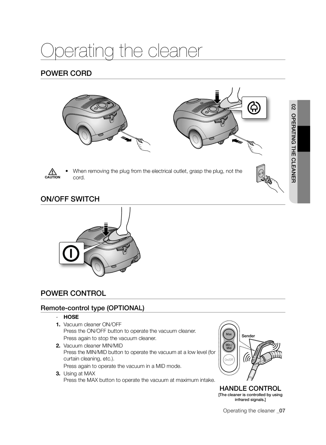 Samsung VC08QHNJGBB/EE manual Operating the cleaner, Power Cord, ON/OFF Switch Power Control, Remote-control type Optional 