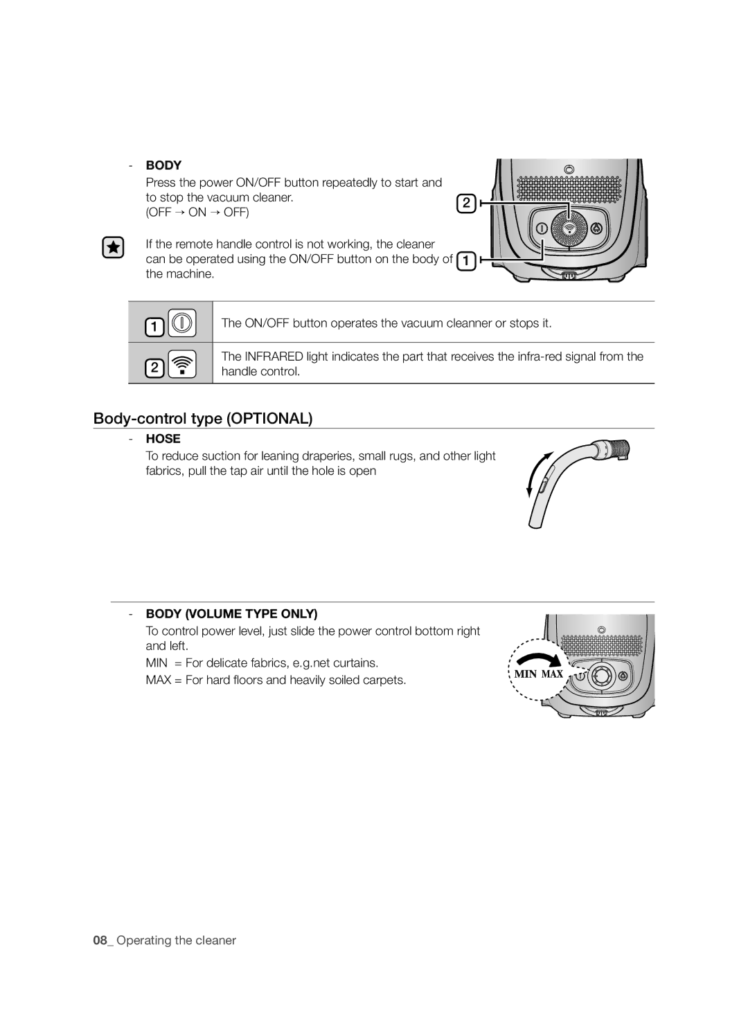 Samsung VC05RVNJGWQ/EE, VC24AHNJGGT/EE, VC08QHNJGGT/EE, VC08QHNJGBB/EE Body-control type Optional, Body Volume Type only 