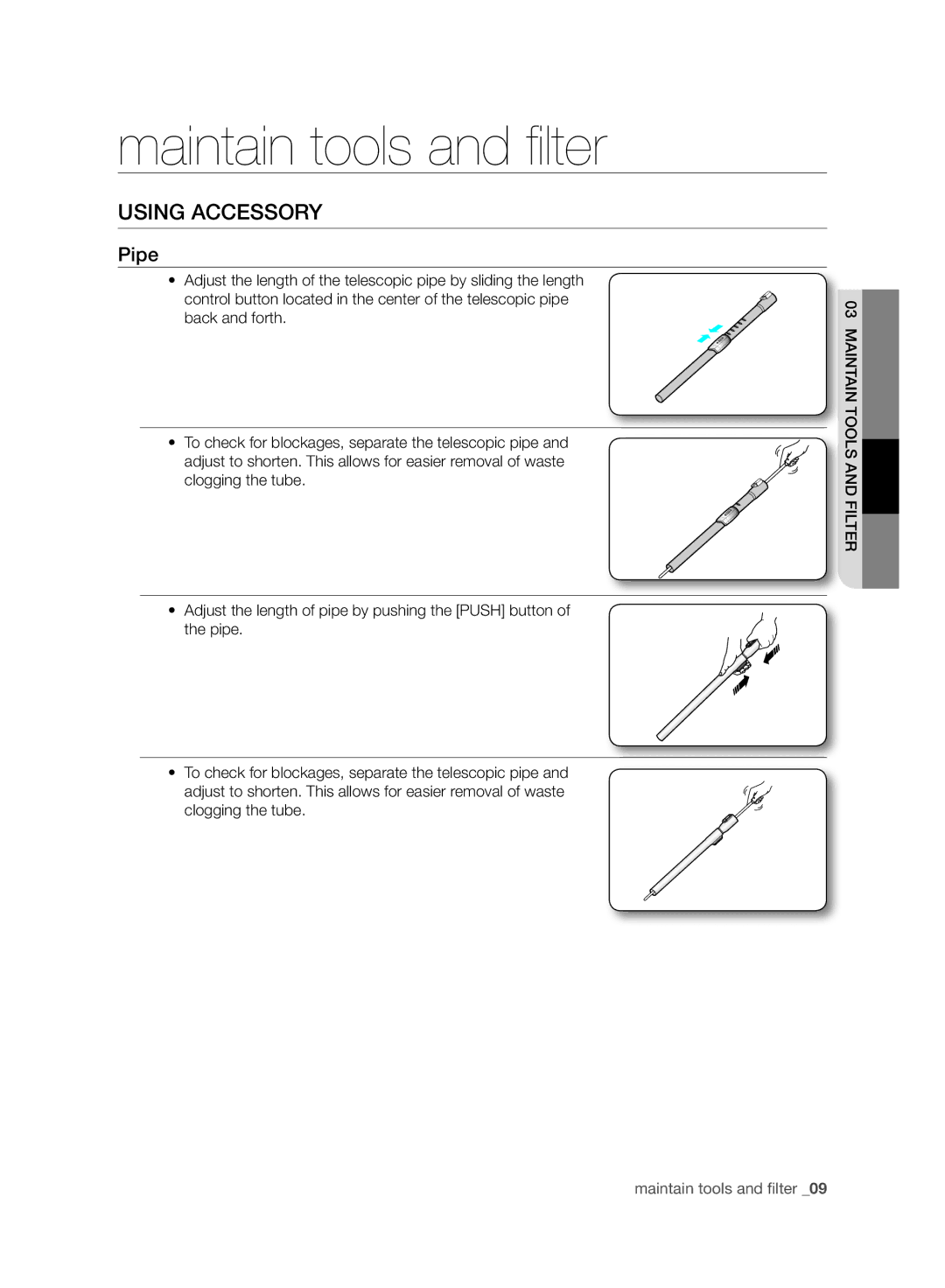 Samsung VC24AHNJGGT/EE, VC05RVNJGWQ/EE, VC08QHNJGGT/EE, VC08QHNJGBB/EE manual Maintain tools and filter, Using Accessory, Pipe 