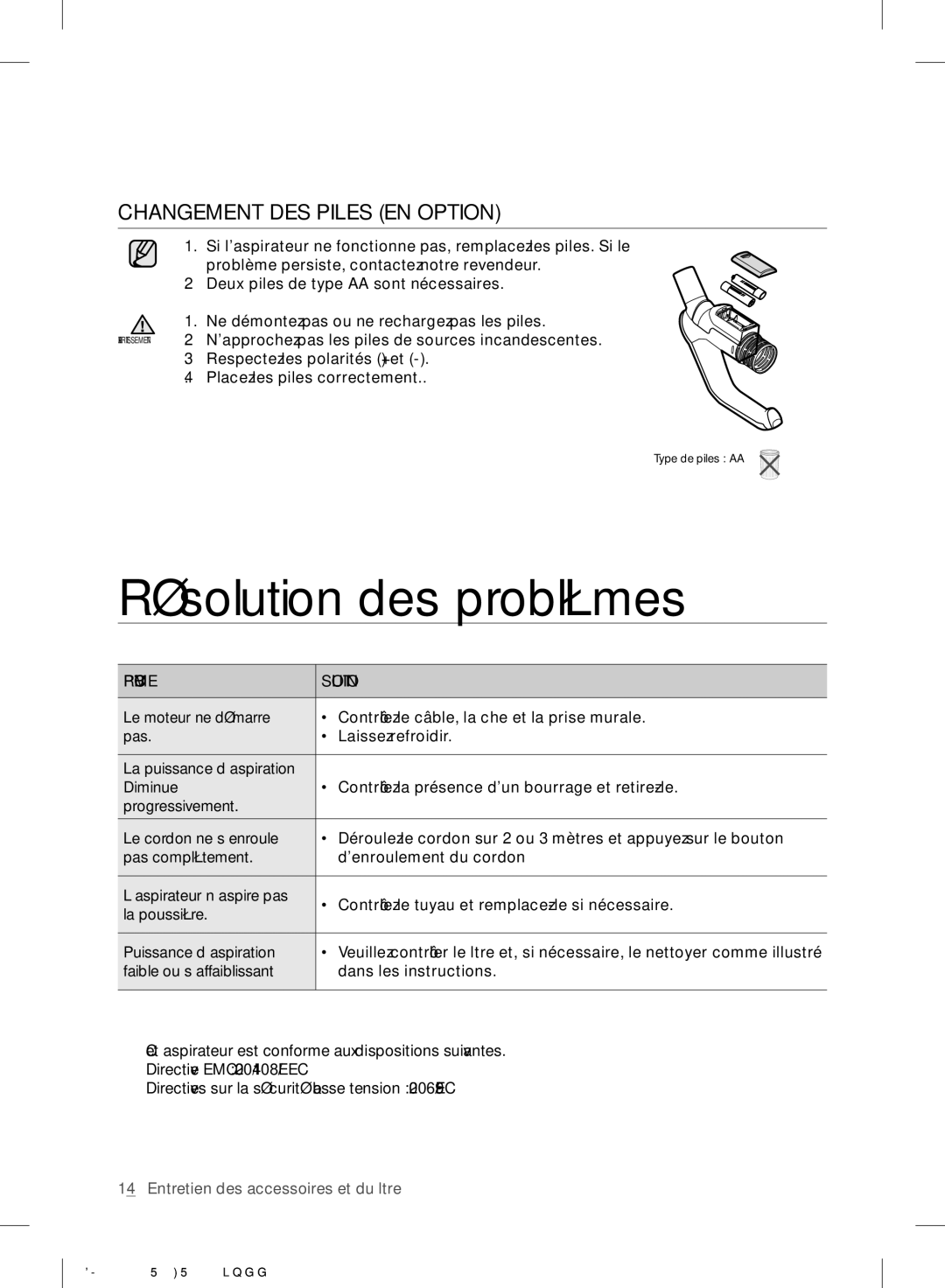 Samsung VC05TVNJGBK/EF, VC07RVNJGWQ/EF manual Résolution des problèmes, Changement DES Piles EN Option, Problème Solution 