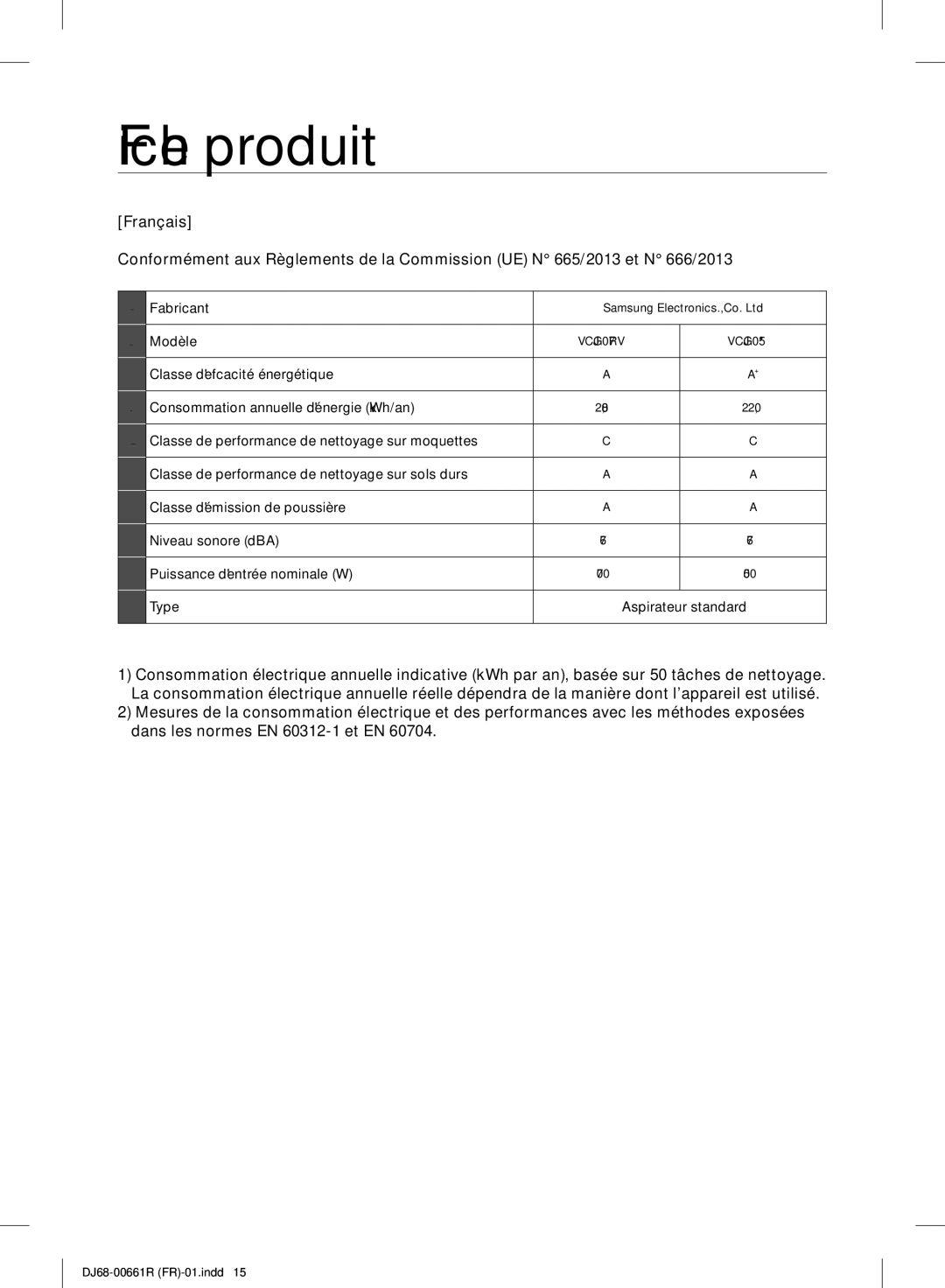 Samsung VC07RVNJGWQ/EF, VC05TVNJGBK/EF manual Fiche produit 