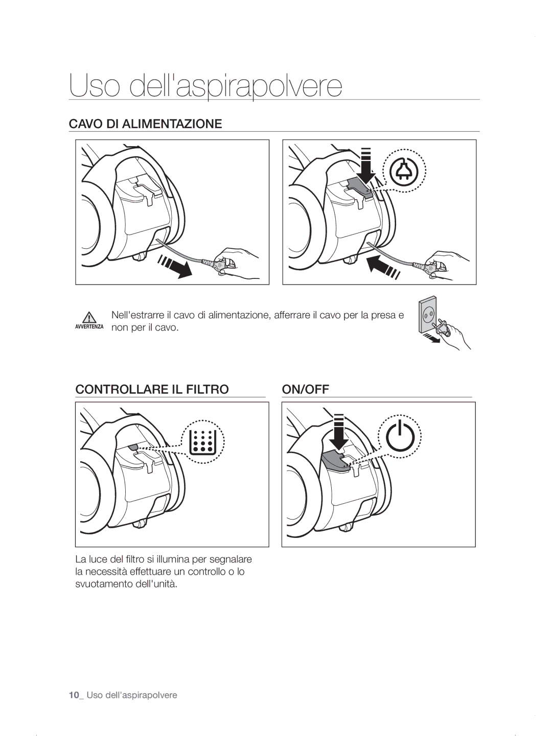 Samsung VC06H70E0HB/ET manual Uso dellaspirapolvere, Cavo DI Alimentazione, Controllare IL Filtro ON/OFF 