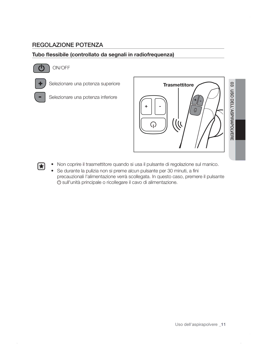 Samsung VC06H70E0HB/ET manual Regolazione Potenza, Tubo flessibile controllato da segnali in radiofrequenza 