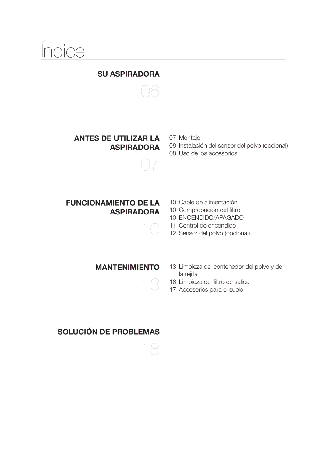 Samsung VC06H70E0HB/ET manual Índice, Aspiradora 