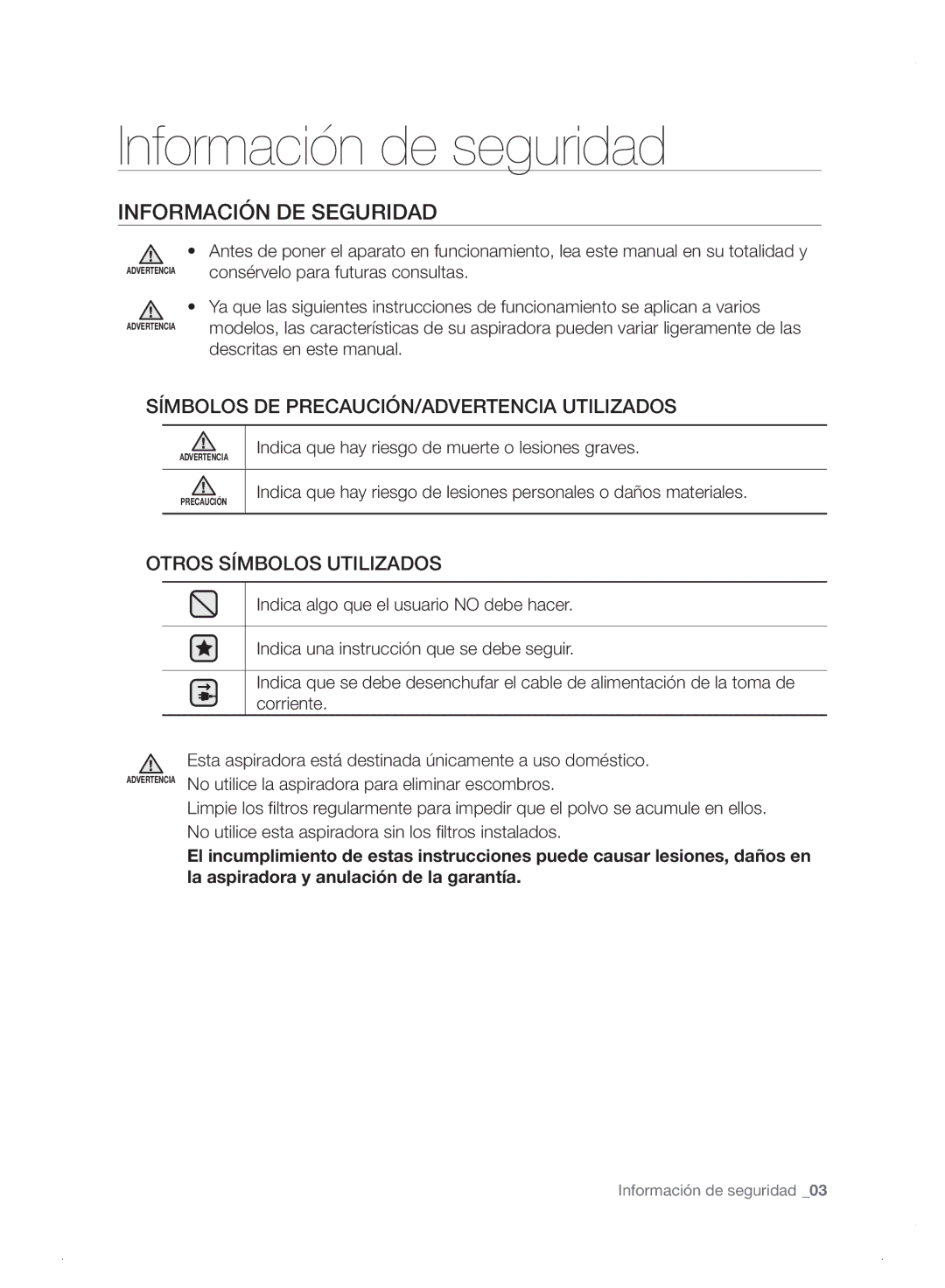 Samsung VC06H70E0HB/ET manual Información de seguridad, Información DE Seguridad 