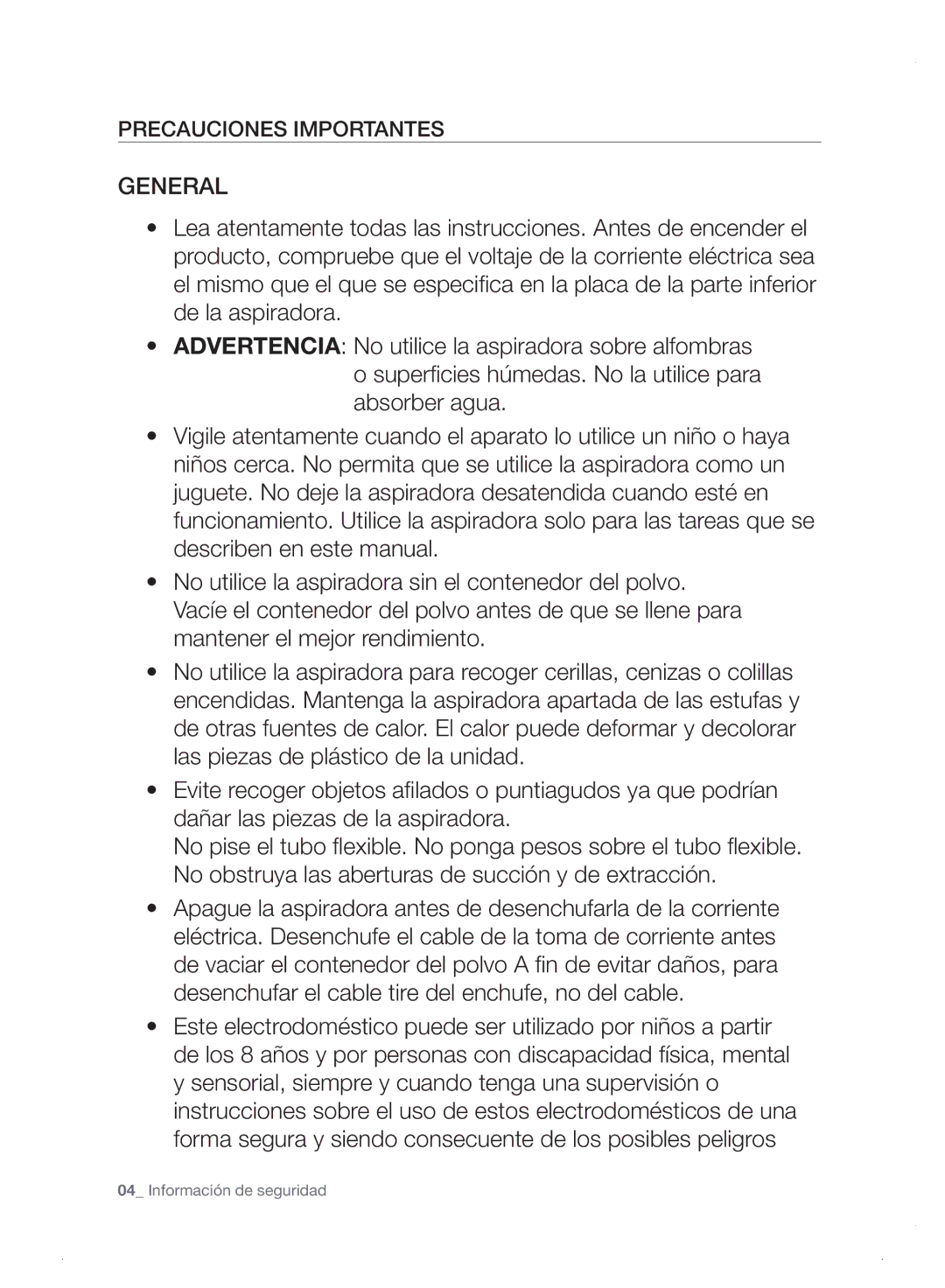 Samsung VC06H70E0HB/ET manual General, Precauciones Importantes 