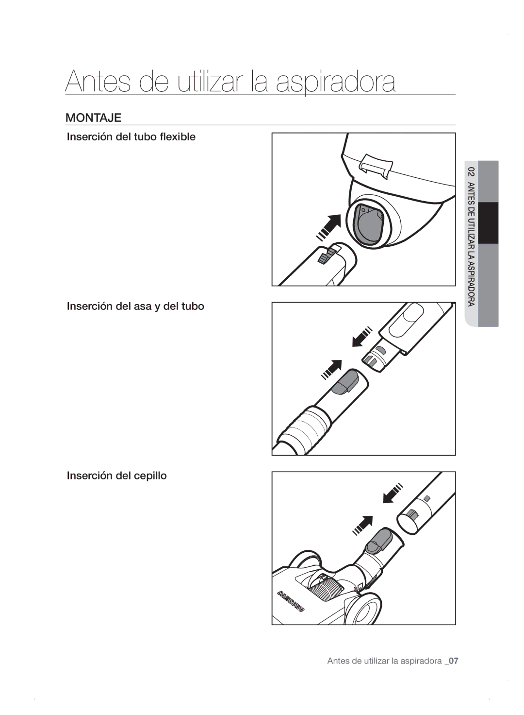 Samsung VC06H70E0HB/ET manual Antes de utilizar la aspiradora, Montaje 