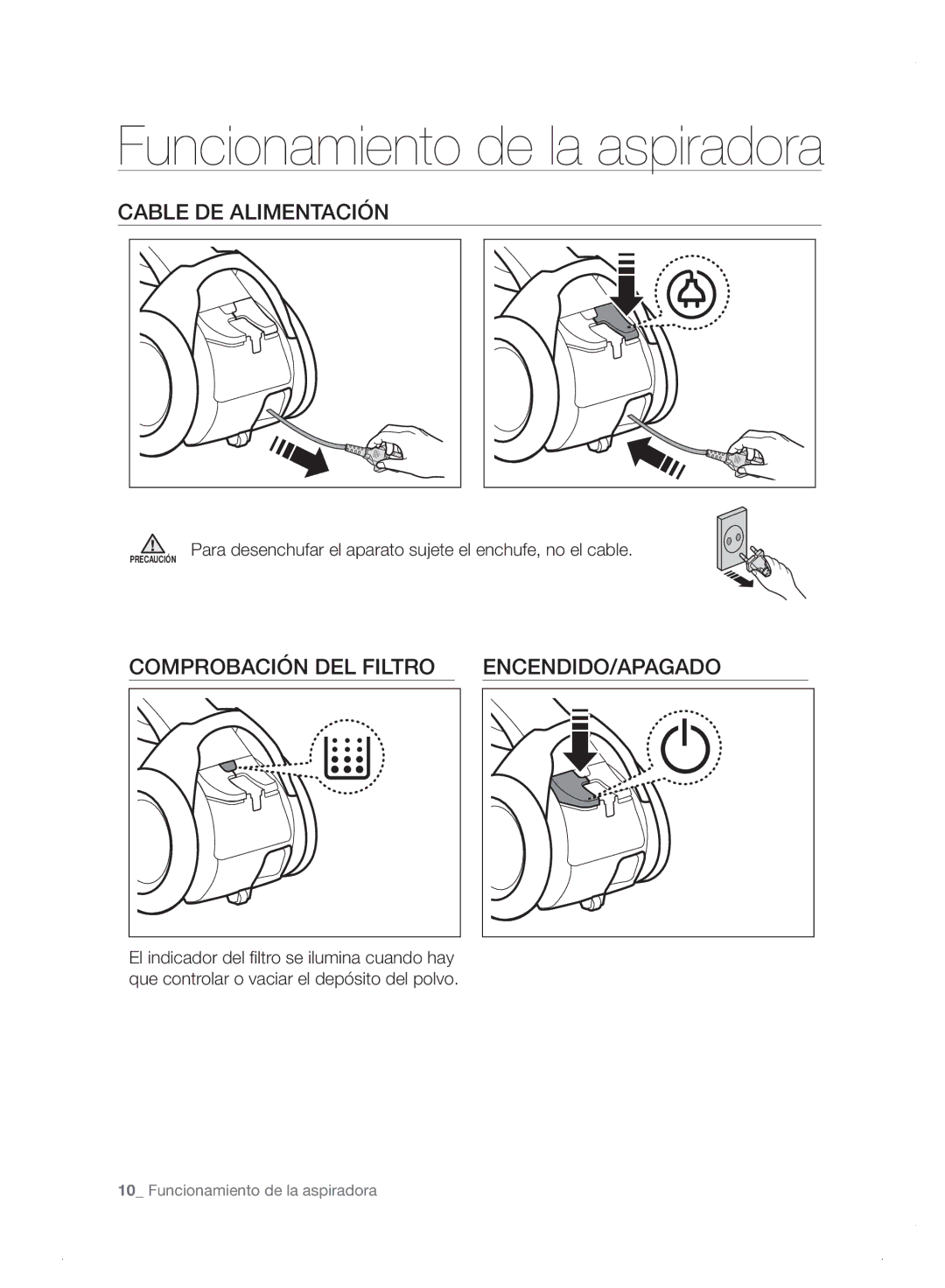 Samsung VC06H70E0HB/ET Funcionamiento de la aspiradora, Cable DE Alimentación, Comprobación DEL Filtro ENCENDIDO/APAGADO 