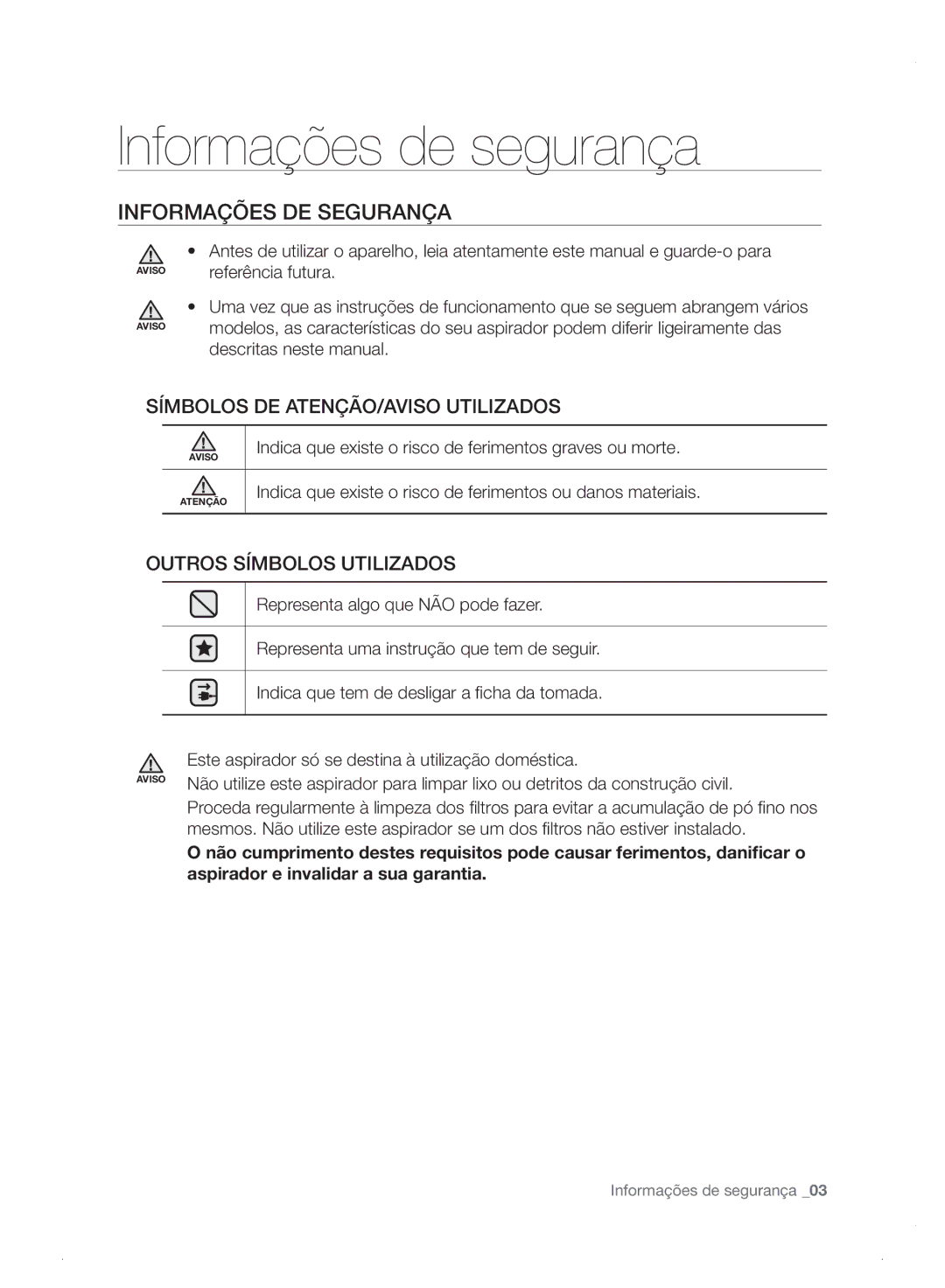 Samsung VC06H70E0HB/ET manual Informações de segurança, Informações DE Segurança 