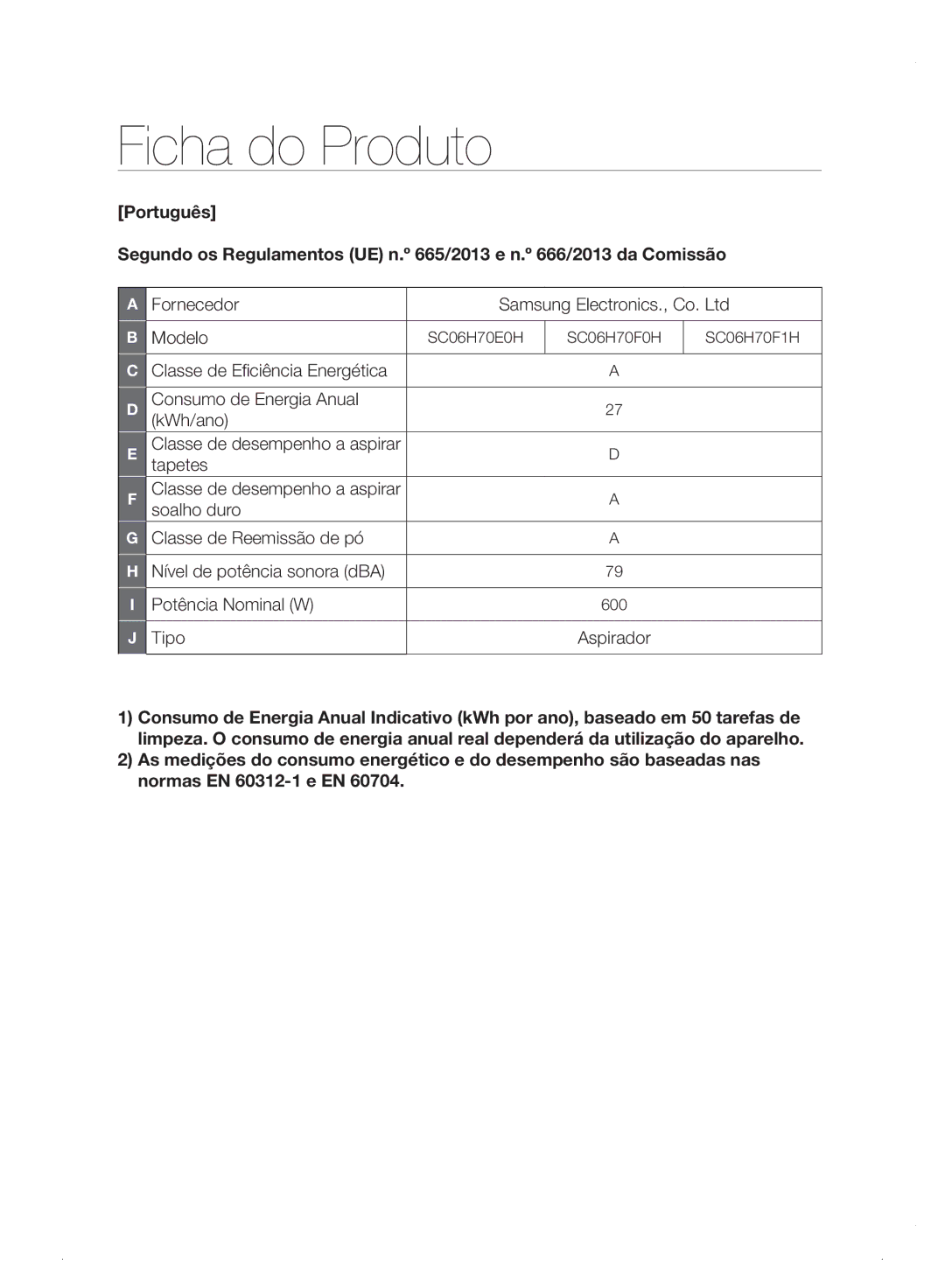 Samsung VC06H70E0HB/ET manual Ficha do Produto 