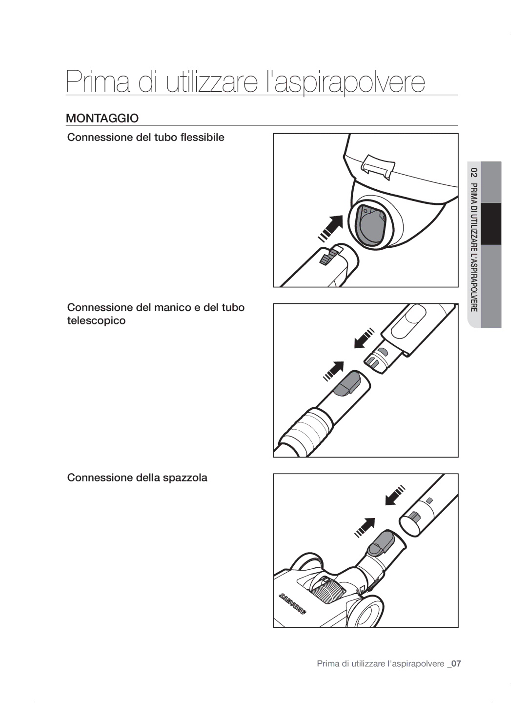 Samsung VC06H70E0HB/ET manual Montaggio, Connessione del tubo flessibile 