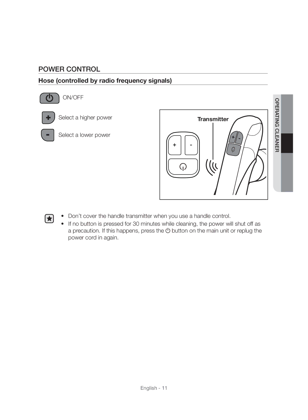 Samsung VC06H70E1HC/SW manual Power Control, Hose controlled by radio frequency signals 