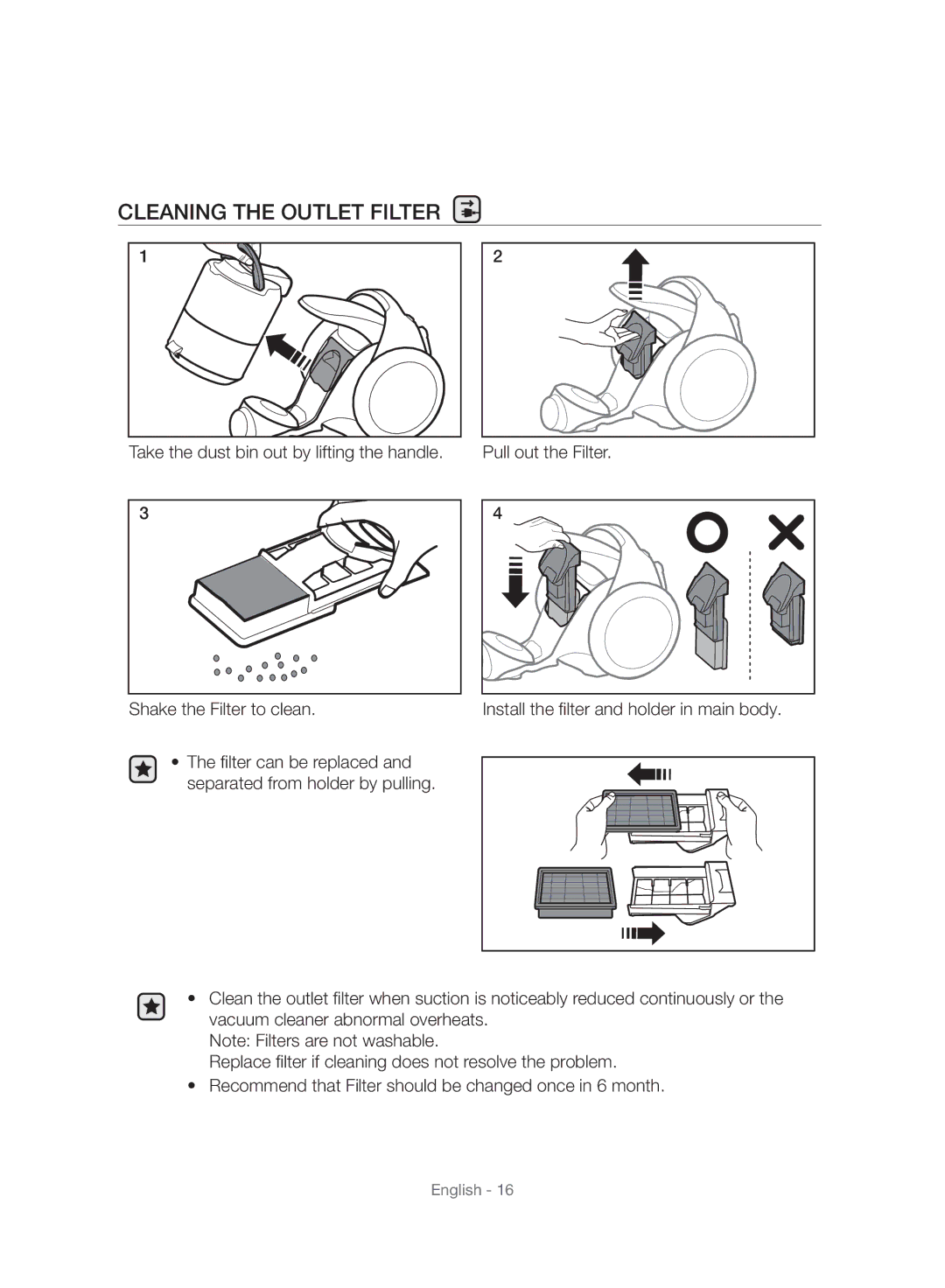 Samsung VC06H70E1HC/SW manual Cleaning the Outlet Filter 