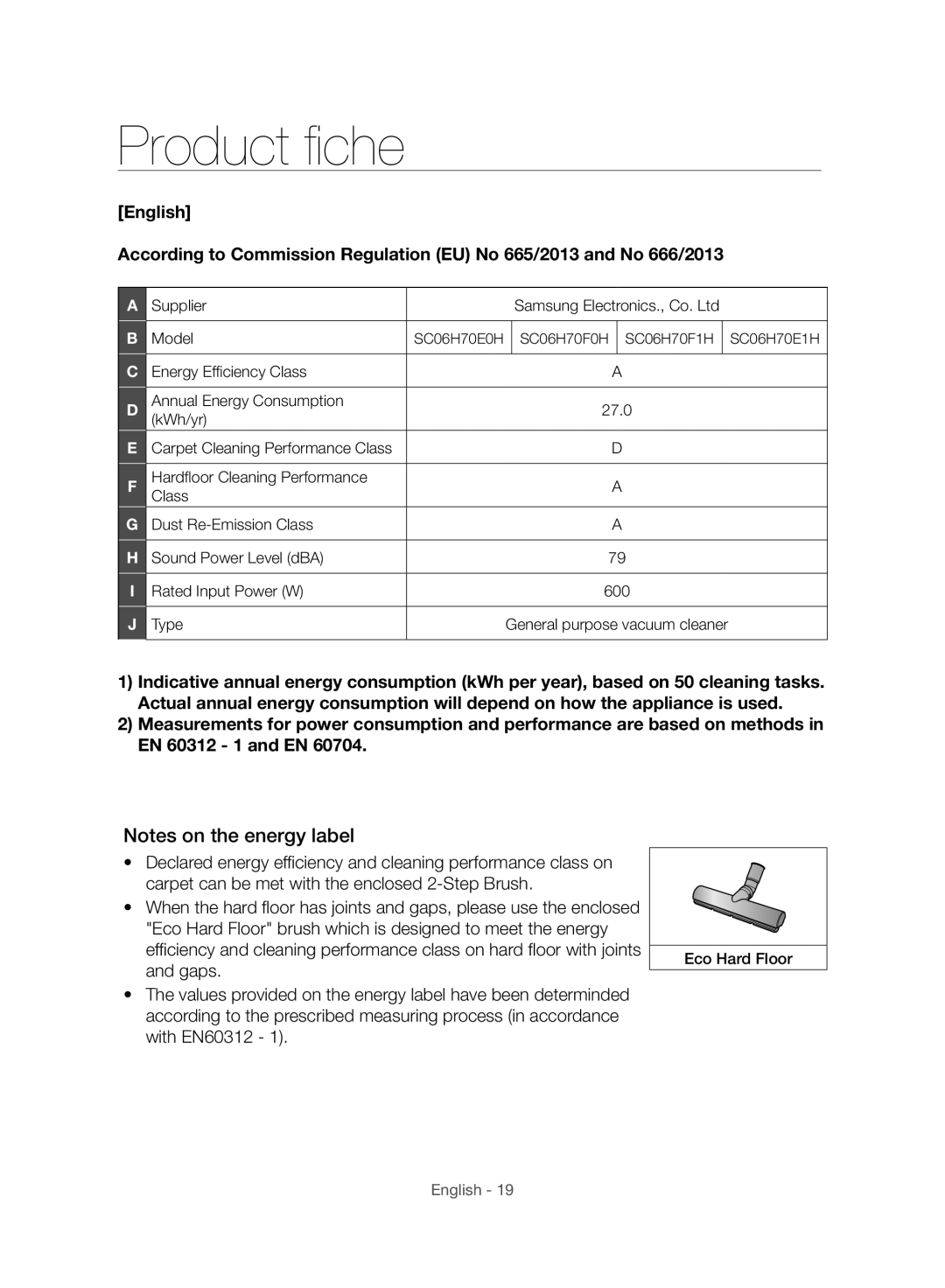 Samsung VC06H70E1HC/SW manual Product fiche 