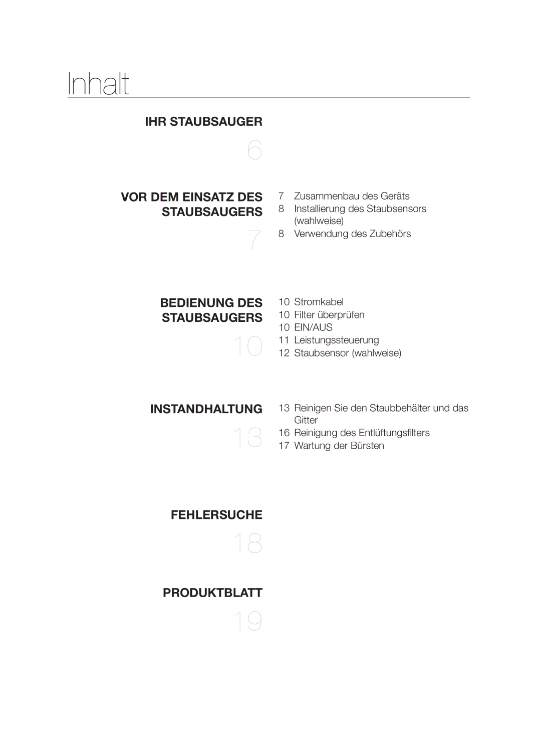 Samsung VC06H70E1HC/SW manual Inhalt, Staubsaugers 