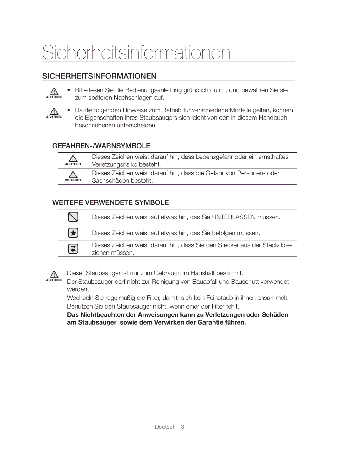 Samsung VC06H70E1HC/SW manual Sicherheitsinformationen 