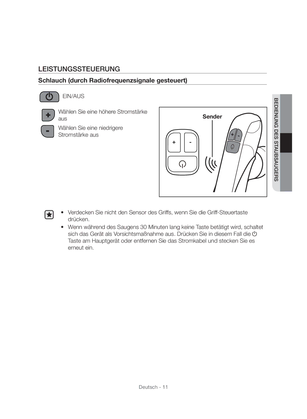 Samsung VC06H70E1HC/SW manual Leistungssteuerung, Schlauch durch Radiofrequenzsignale gesteuert 