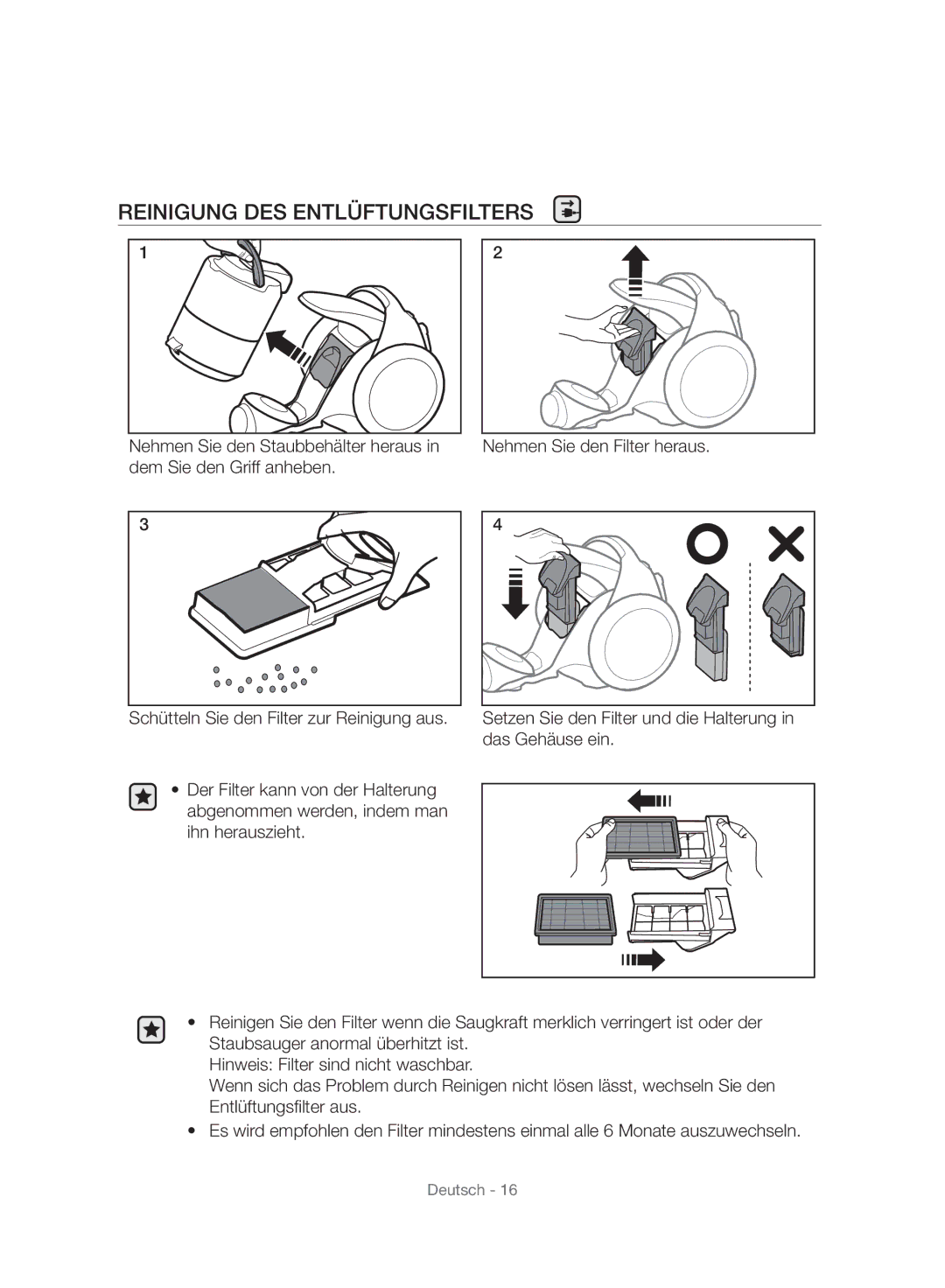 Samsung VC06H70E1HC/SW manual Reinigung DES Entlüftungsfilters 