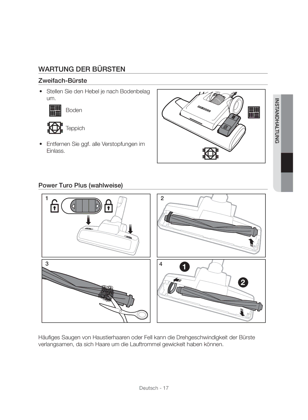 Samsung VC06H70E1HC/SW manual Wartung DER Bürsten, Zweifach-Bürste, Power Turo Plus wahlweise 