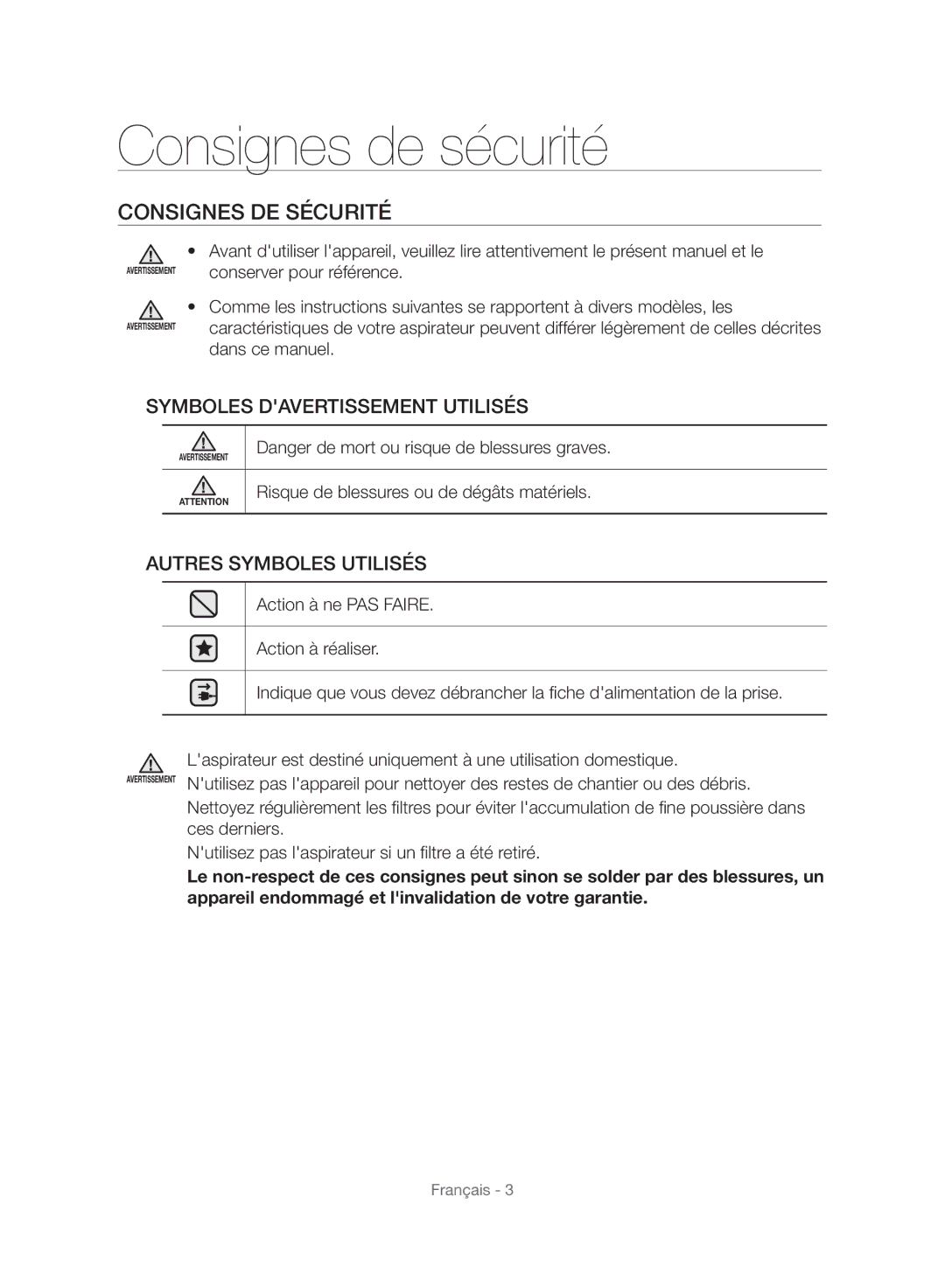 Samsung VC06H70E1HC/SW manual Consignes de sécurité, Consignes DE Sécurité 