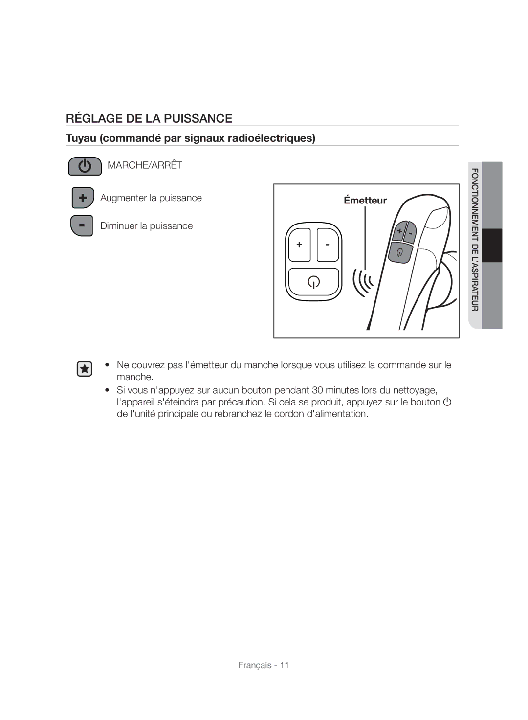 Samsung VC06H70E1HC/SW manual Réglage DE LA Puissance, Tuyau commandé par signaux radioélectriques 