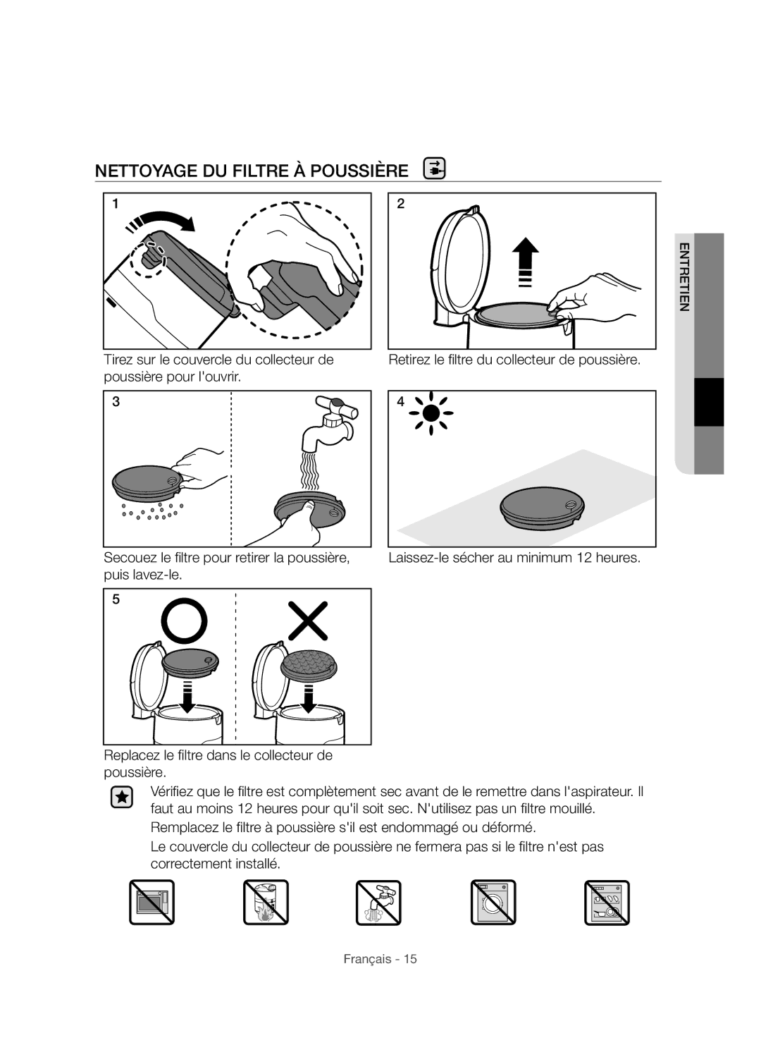 Samsung VC06H70E1HC/SW manual Nettoyage DU Filtre À Poussière 