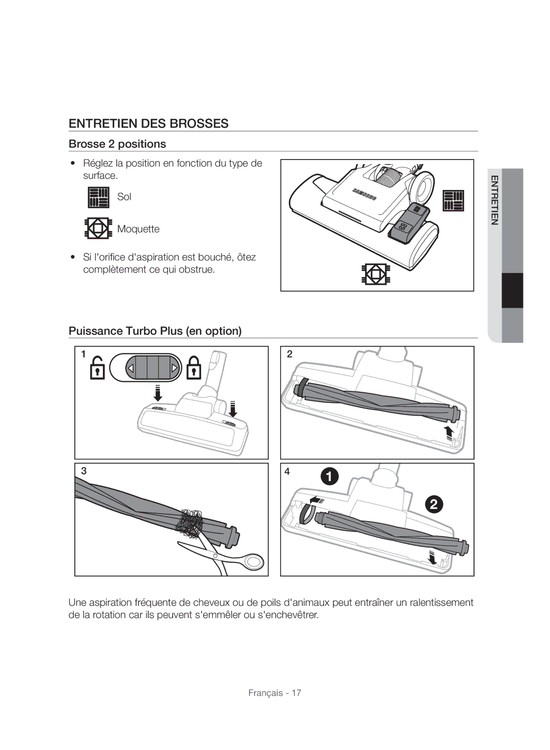 Samsung VC06H70E1HC/SW manual Entretien DES Brosses, Brosse 2 positions, Puissance Turbo Plus en option 