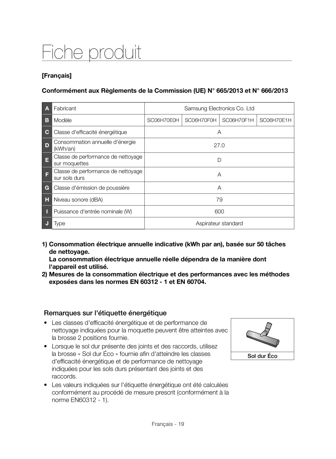 Samsung VC06H70E1HC/SW manual Fiche produit, Remarques sur létiquette énergétique 