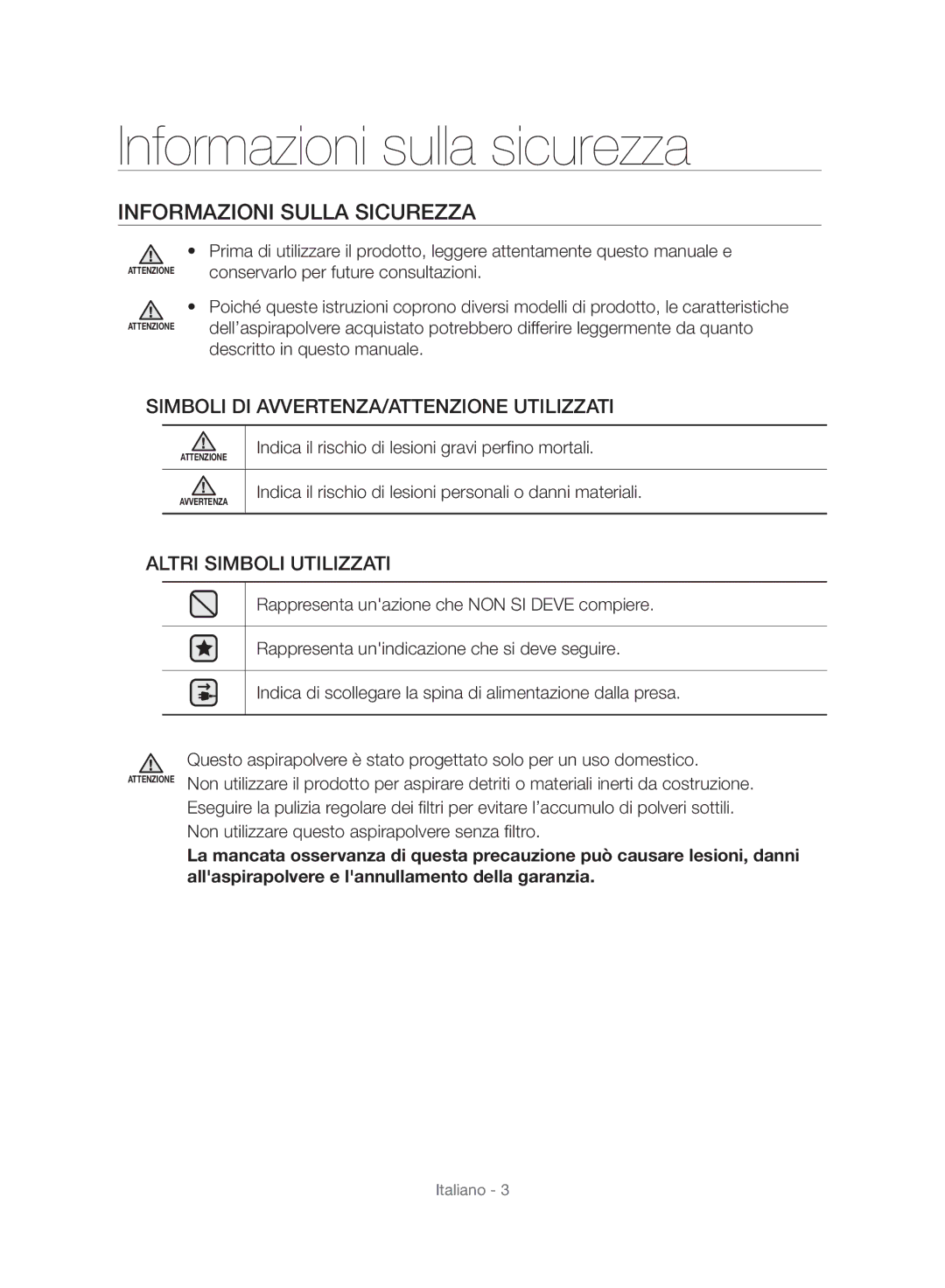 Samsung VC06H70E1HC/SW manual Informazioni sulla sicurezza, Informazioni Sulla Sicurezza 