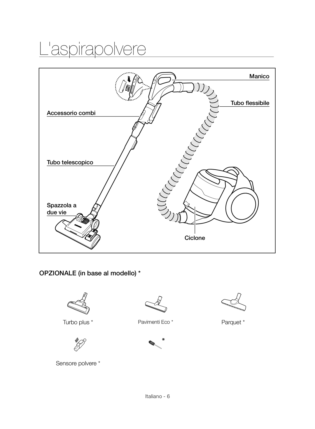 Samsung VC06H70E1HC/SW manual Laspirapolvere, Opzionale in base al modello 