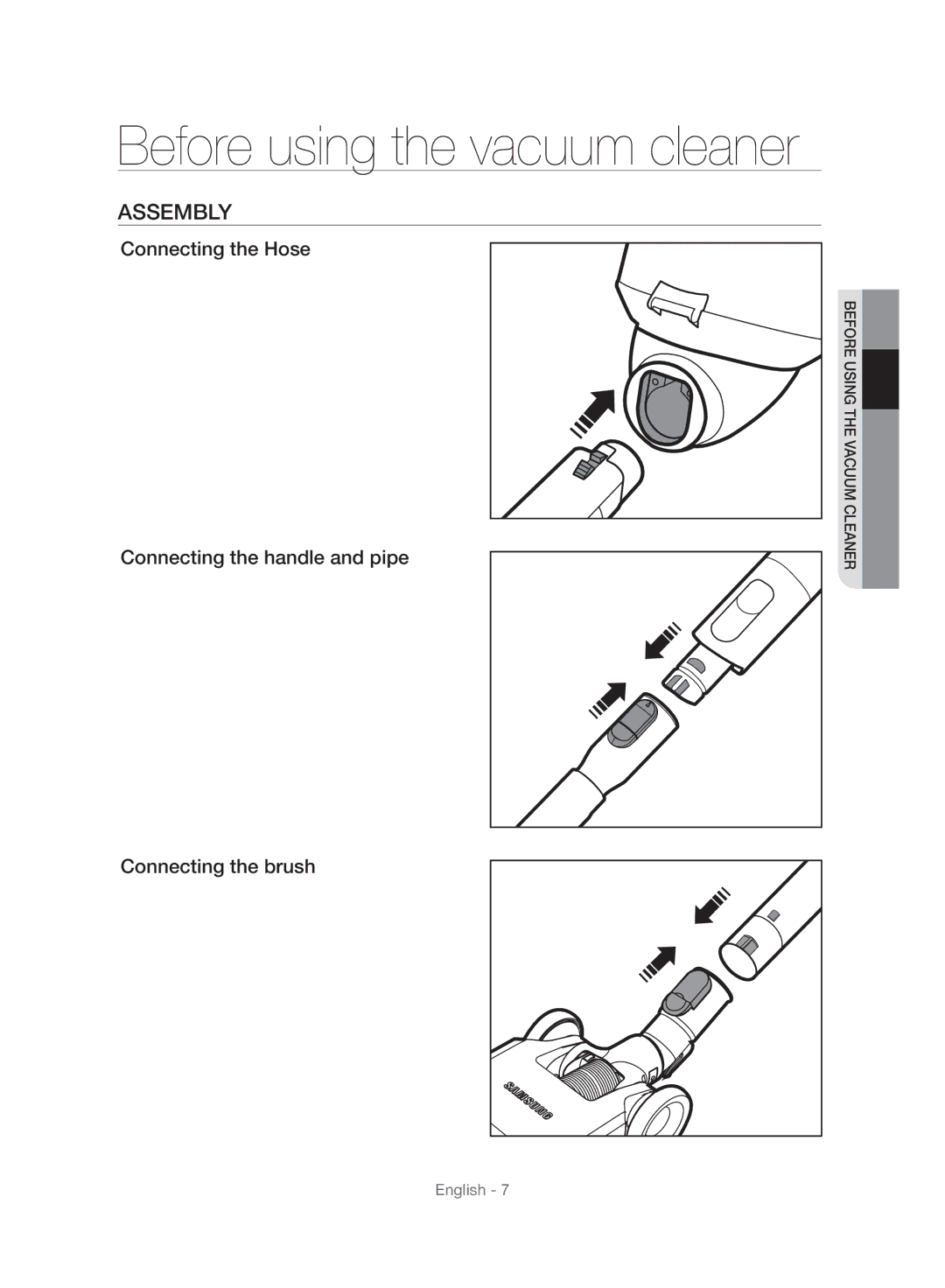 Samsung VC06H70E1HC/SW manual Assembly, Connecting the Hose Connecting the handle and pipe, Connecting the brush 