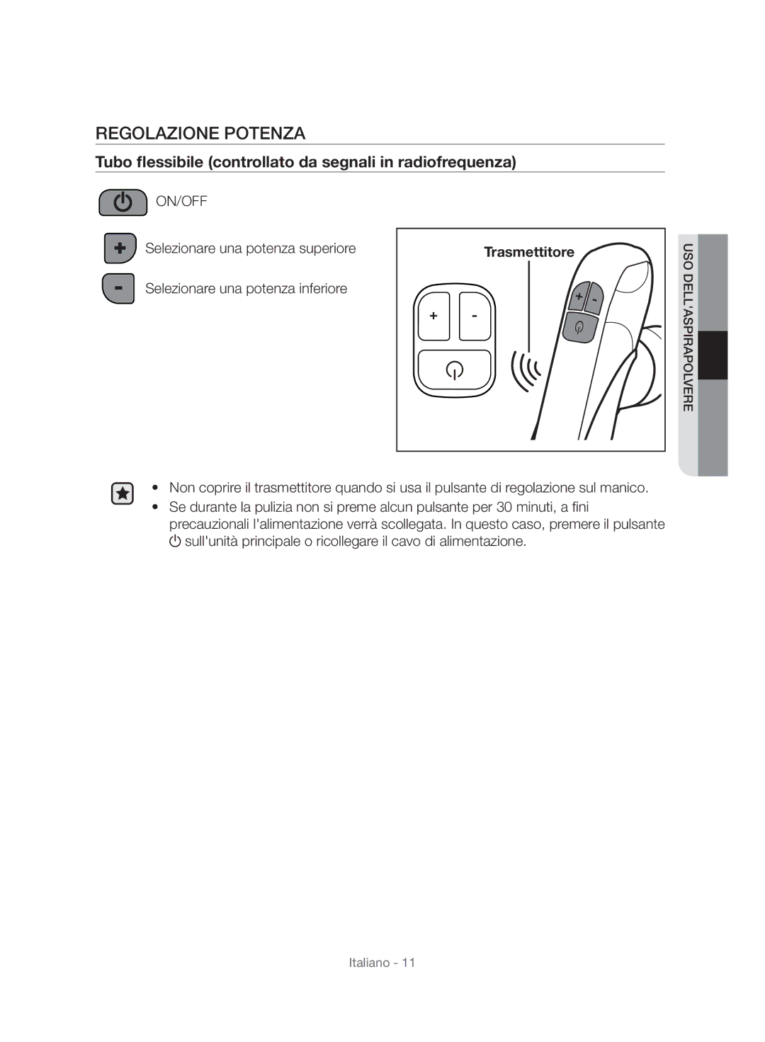 Samsung VC06H70E1HC/SW manual Regolazione Potenza, Tubo flessibile controllato da segnali in radiofrequenza 