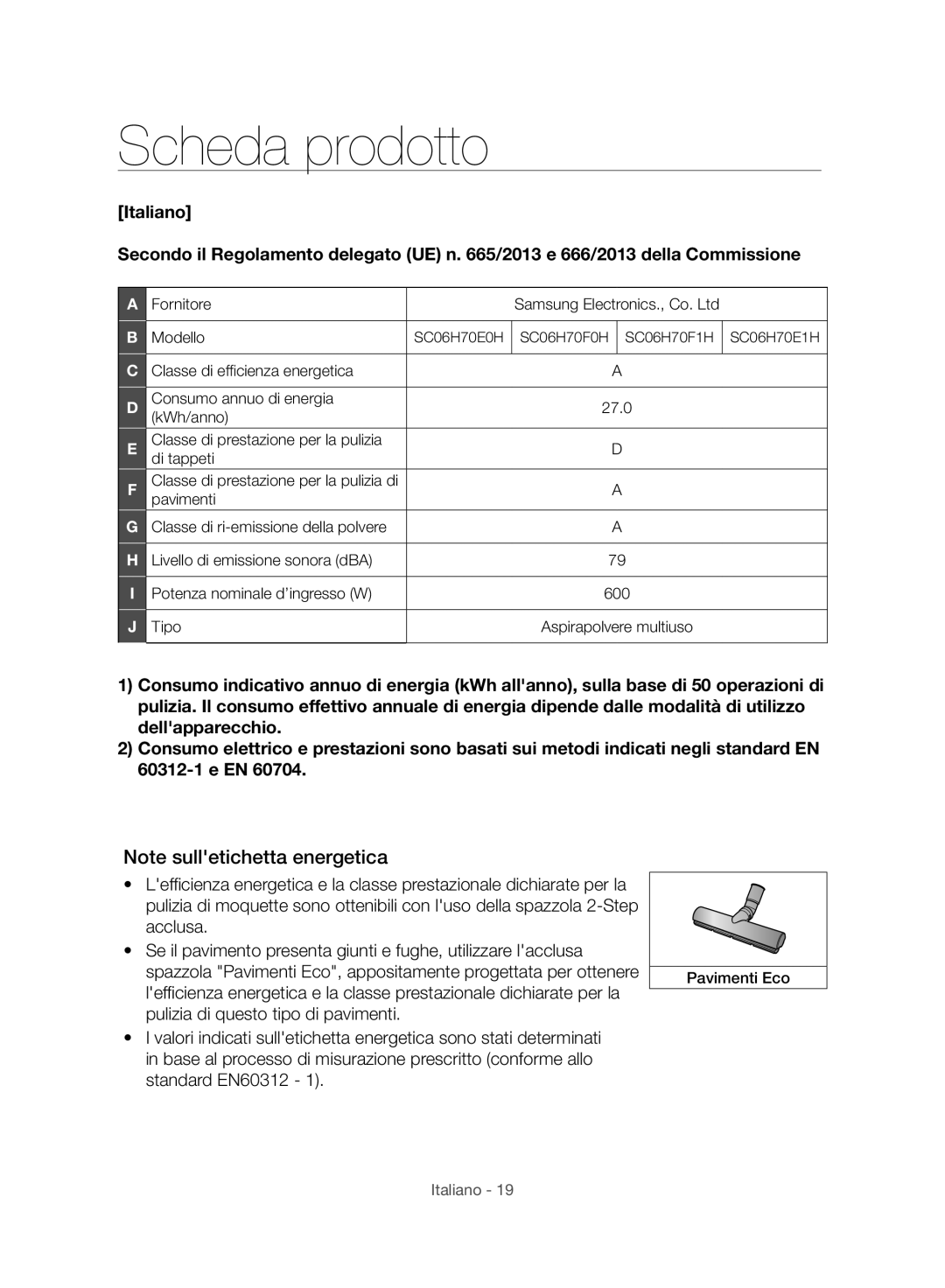 Samsung VC06H70E1HC/SW manual Scheda prodotto 