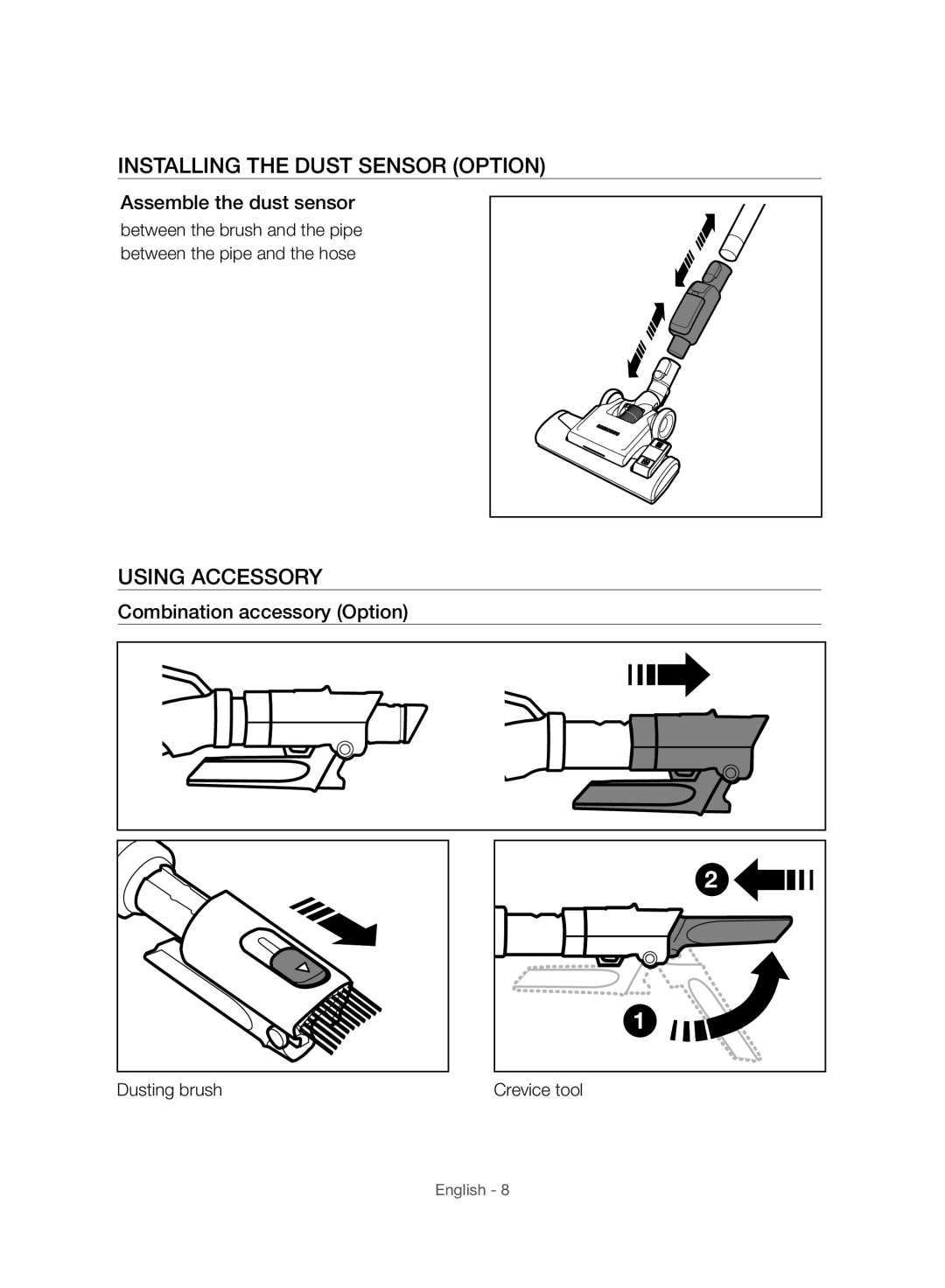 Samsung VC06H70E1HC/SW manual Installing the Dust Sensor Option, Using Accessory, Assemble the dust sensor 