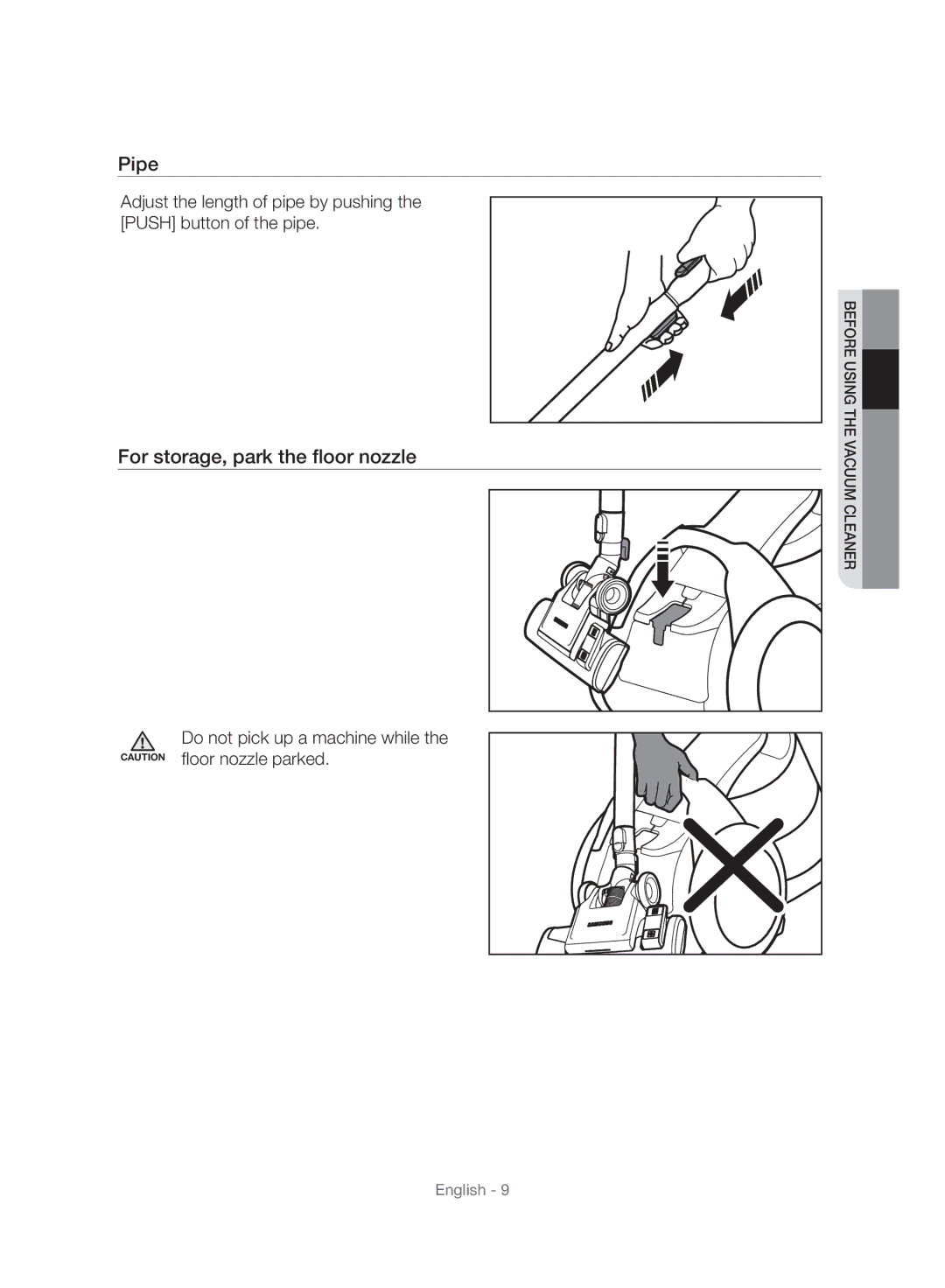 Samsung VC06H70E1HC/SW manual Pipe, For storage, park the floor nozzle 