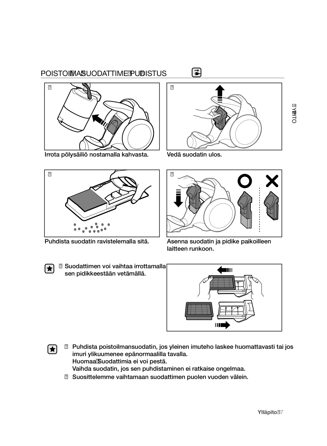 Samsung VC06H70F0HD/EE manual Poistoilmansuodattimen Puhdistus 