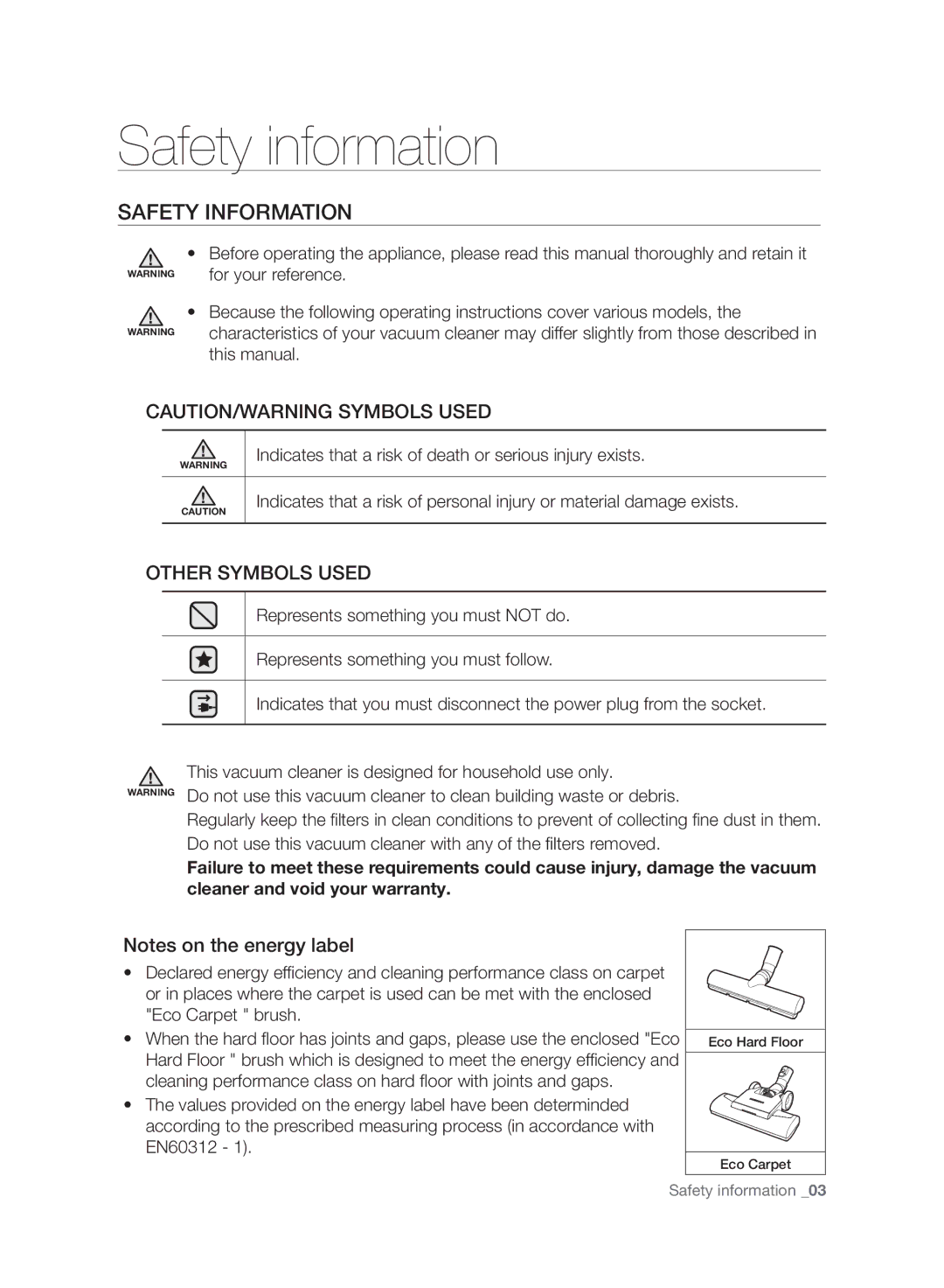 Samsung VC06H70F0HD/EE manual Safety information, Safety Information 