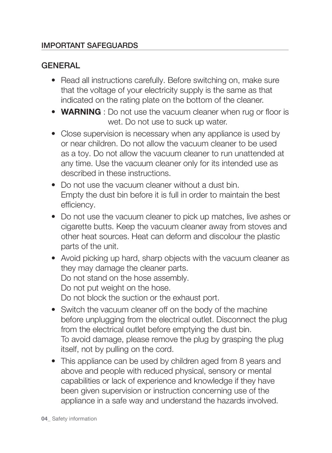 Samsung VC06H70F0HD/EE manual General, Important Safeguards 