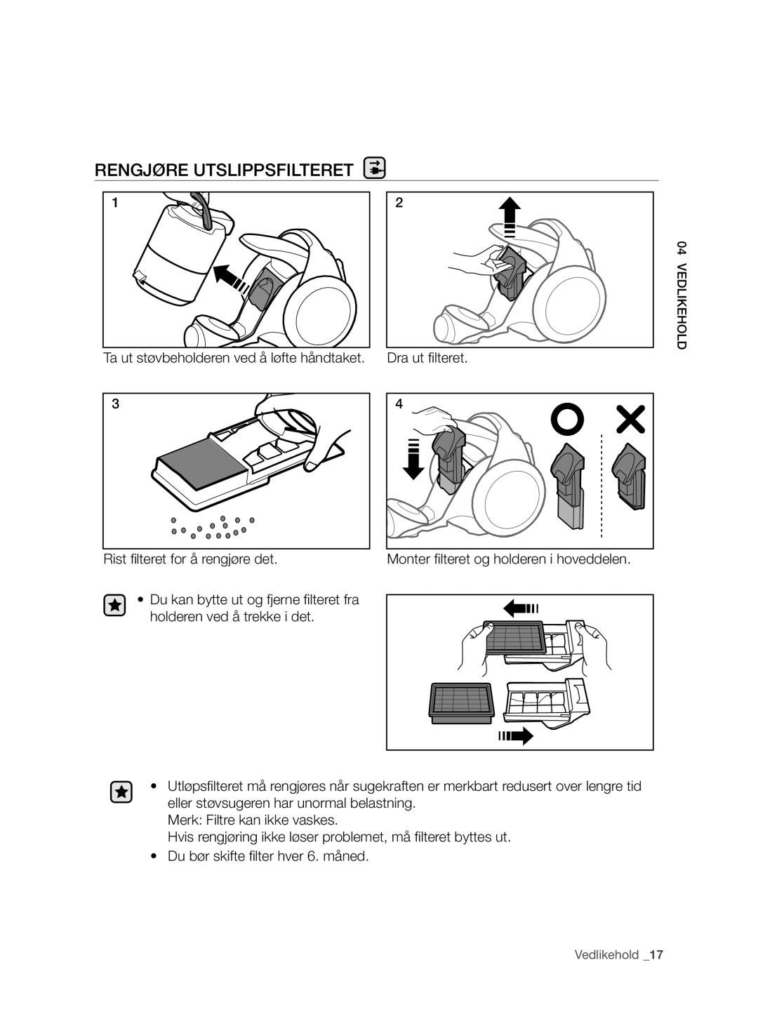 Samsung VC06H70F0HD/EE manual Rengjøre Utslippsfilteret 