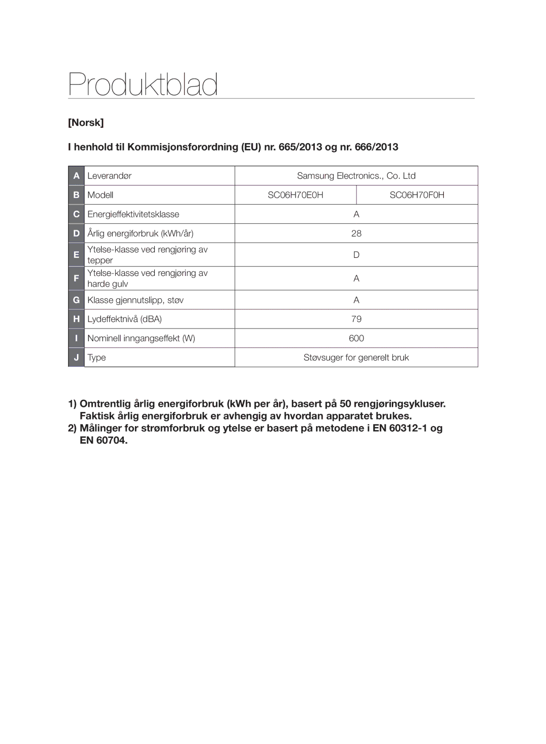 Samsung VC06H70F0HD/EE manual Produktblad 